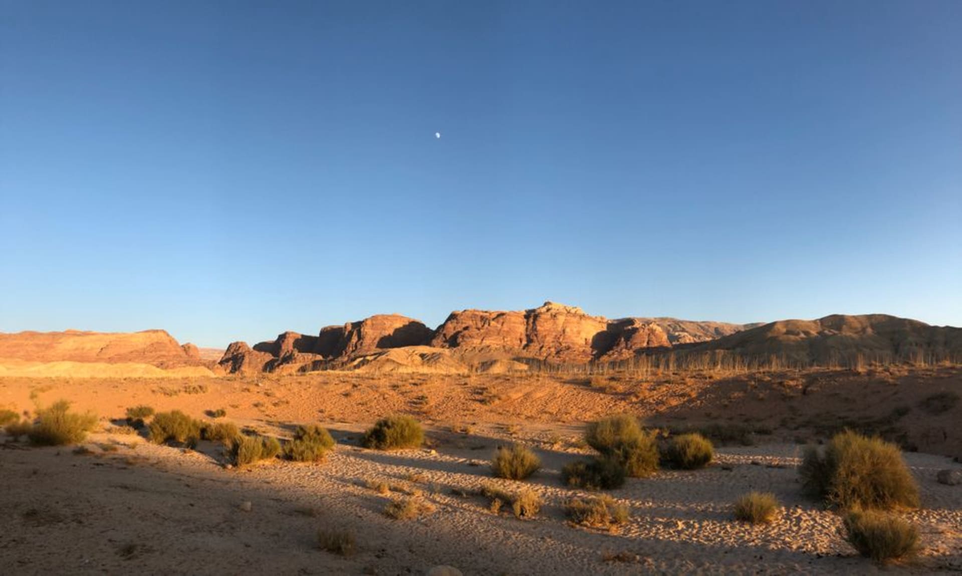 The flat, wide desert floor of Wadi Araba stretching between distant mountain ranges under a heat-hazed sky