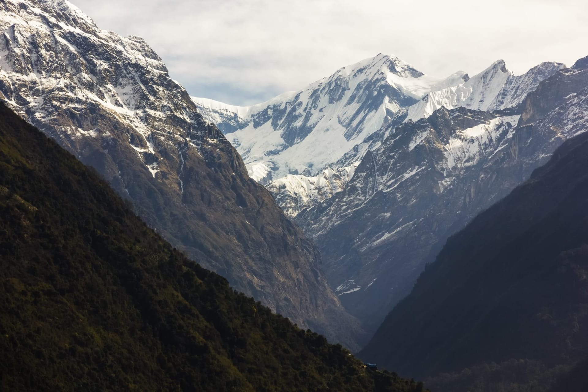 Prayer flags strung above Kyanjin Gompa with the Langtang Lirung glacier wall looming behind in sharp winter light