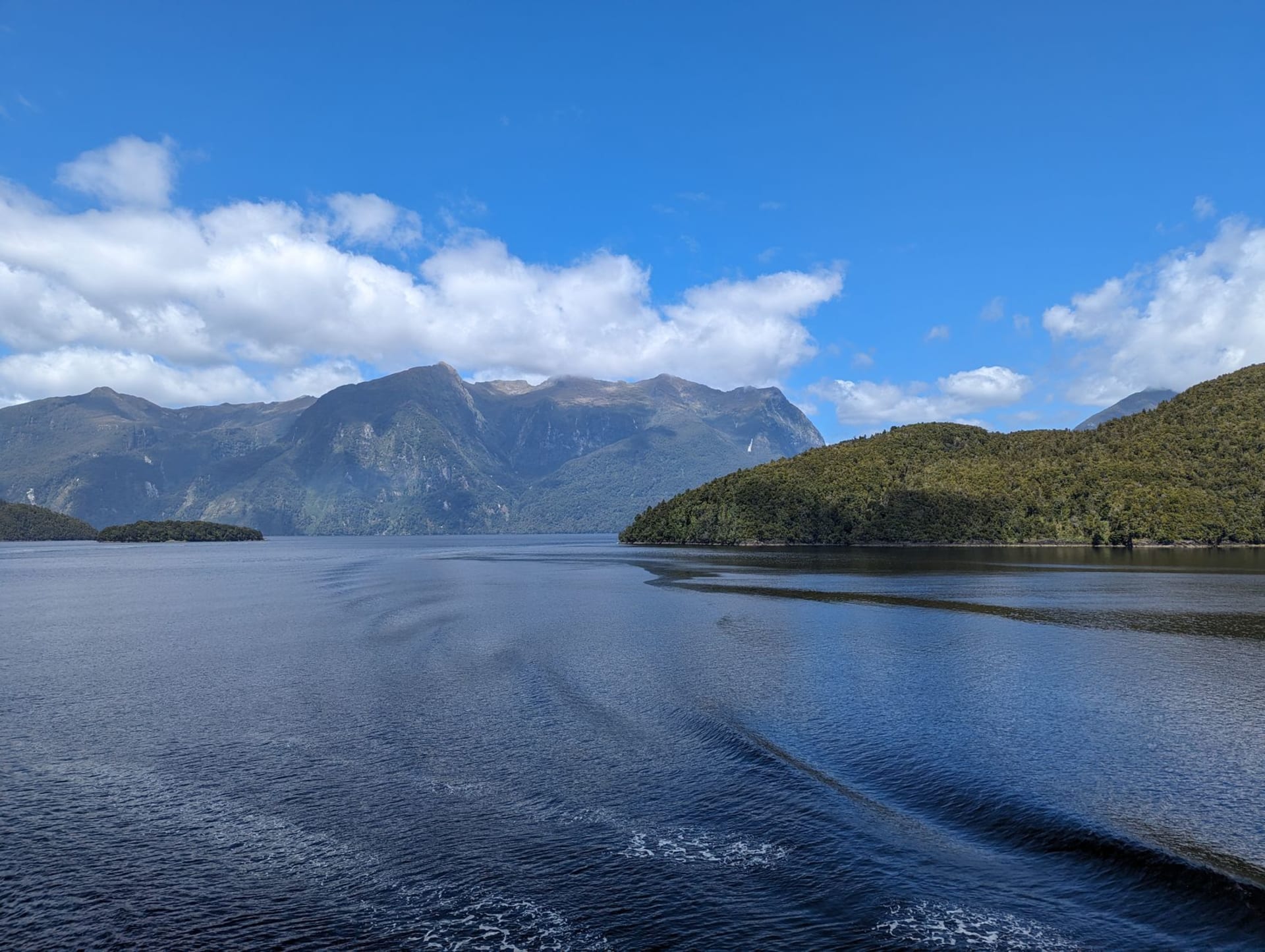 A still fiord flanked by mist-shrouded rainforest cliffs dropping sheer into dark mirror water, a small expedition boat barely visible at the far end of the sound