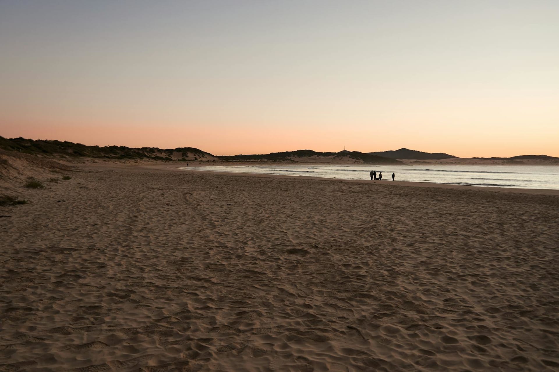 Vast golden sand stretching to the horizon along Ninety Mile Beach with towering dunes and breaking surf under a wide New Zealand sky
