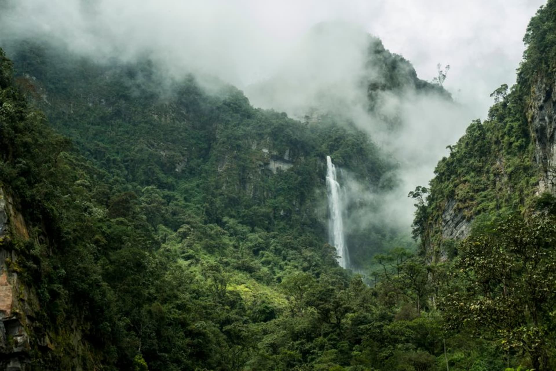 Waterfall cascading through dense cloud forest near El Tuma-La Dalia