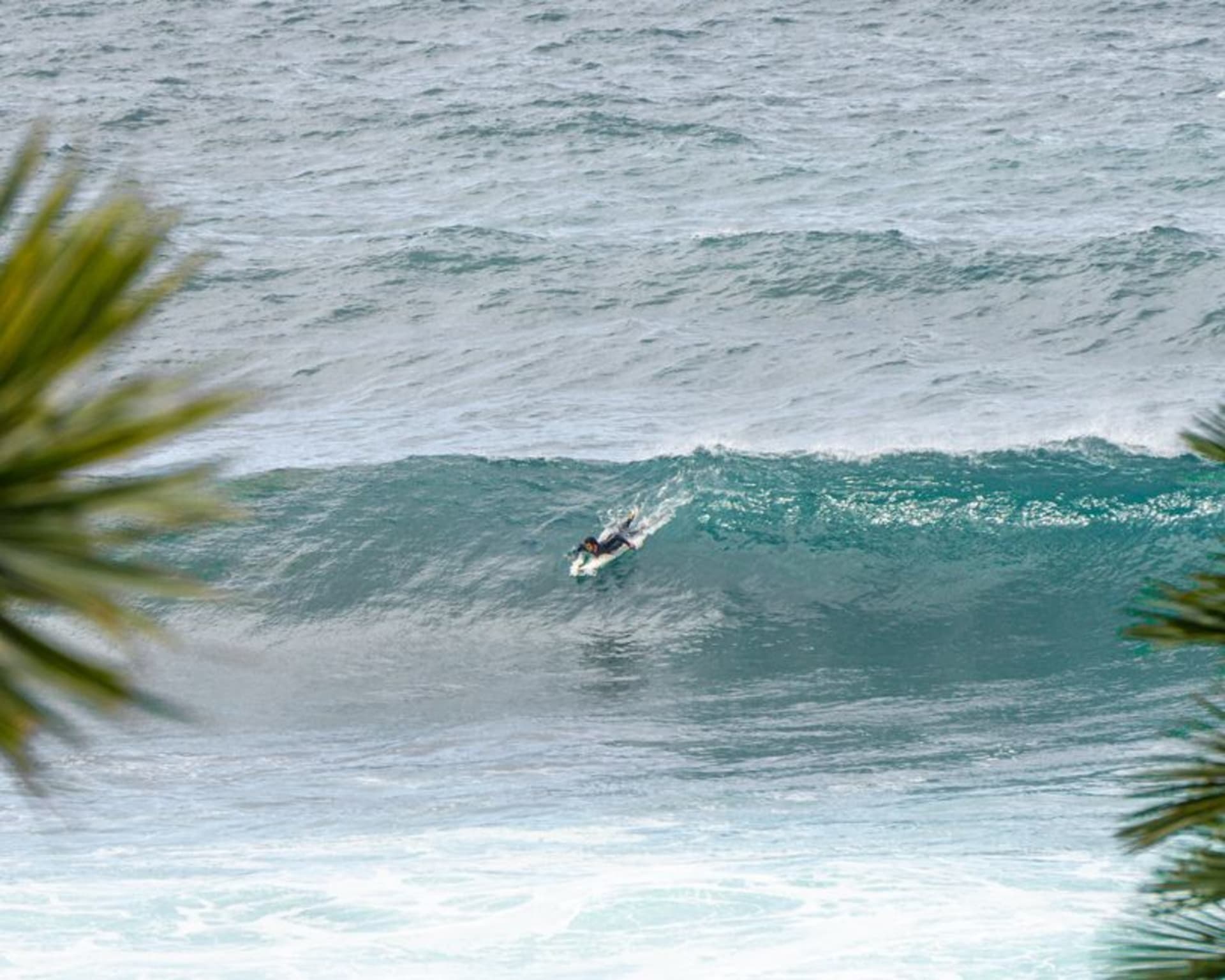 Surfista remando hacia una ola poderosa en el arrecife de Popoyo