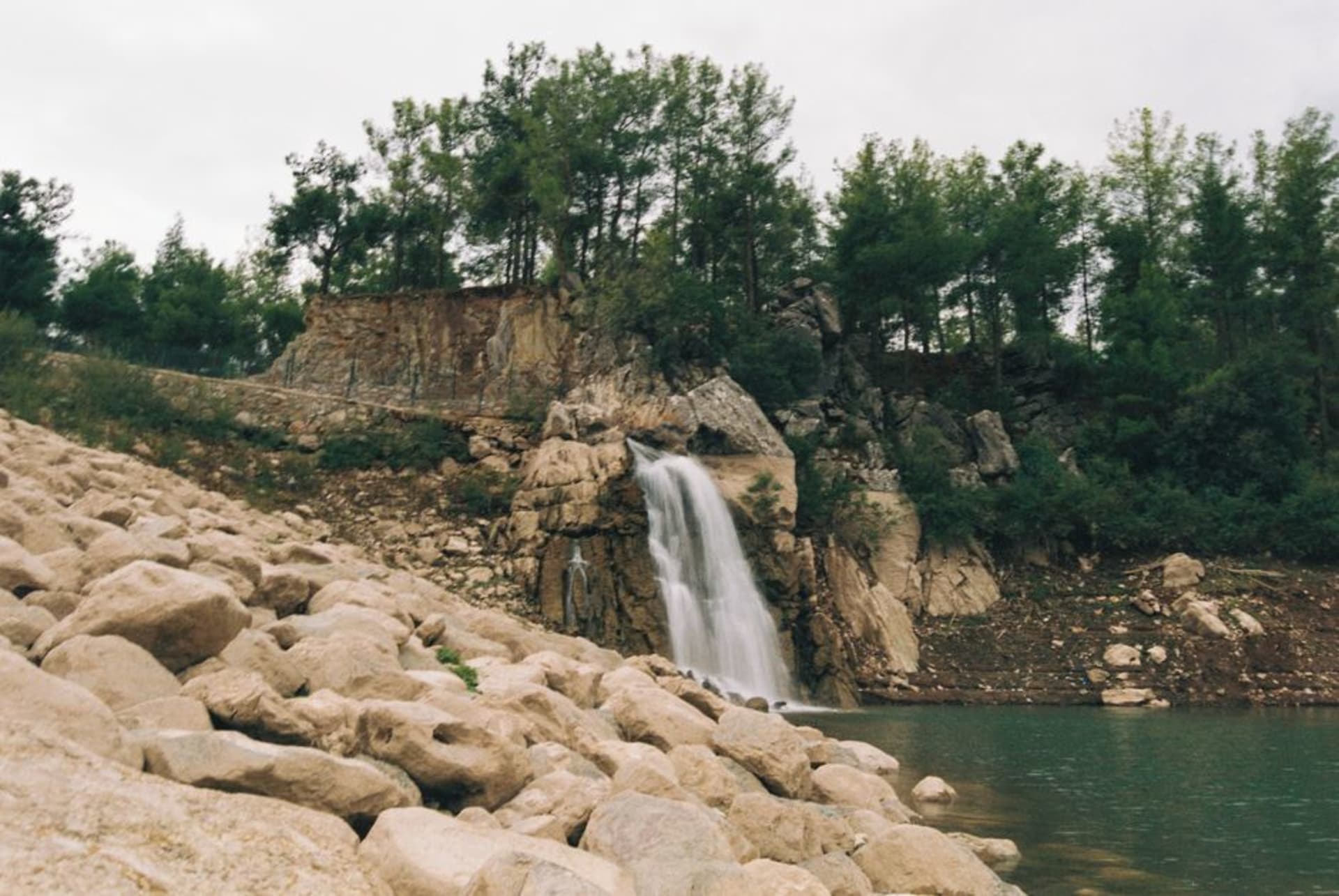 The Estanzuela waterfall falling into a natural pool surrounded by pine forest in the Tisey-Estanzuela reserve