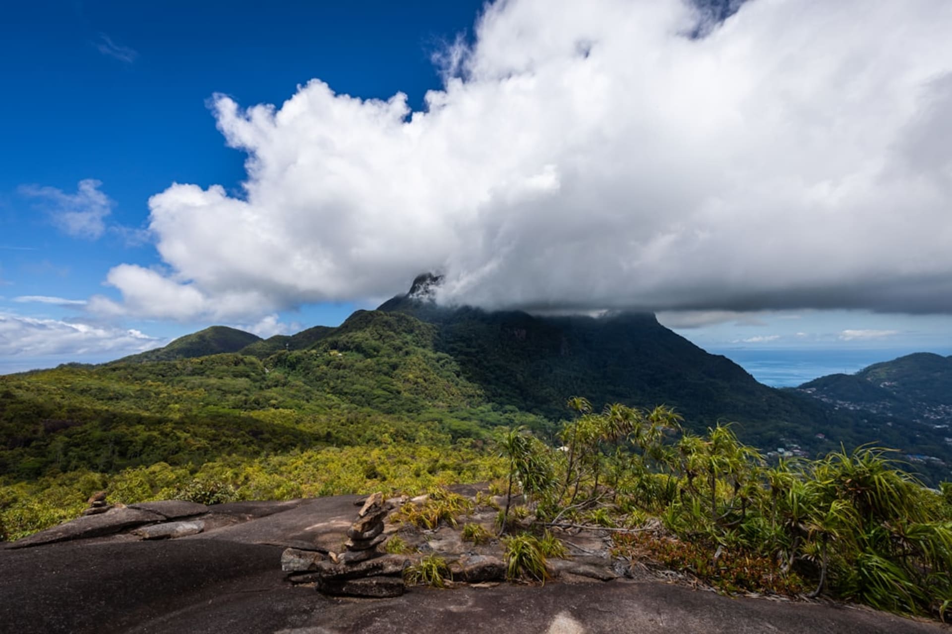Las laderas cubiertas de bosque nuboso del volcán Maderas en la isla de Ometepe, con un denso dosel verde que se eleva hacia nubes bajas