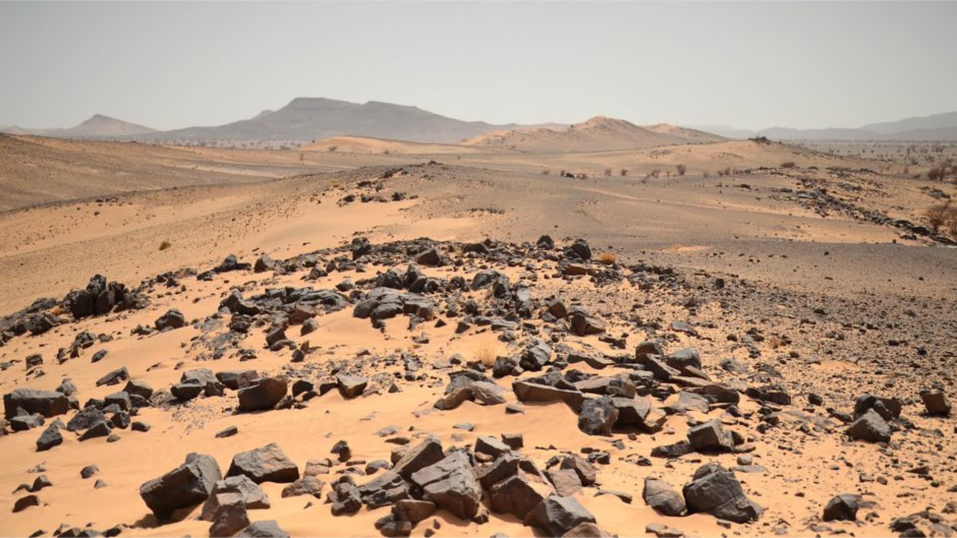 The jagged silhouette of the Termit Massif rising from the flat Saharan desert at dusk