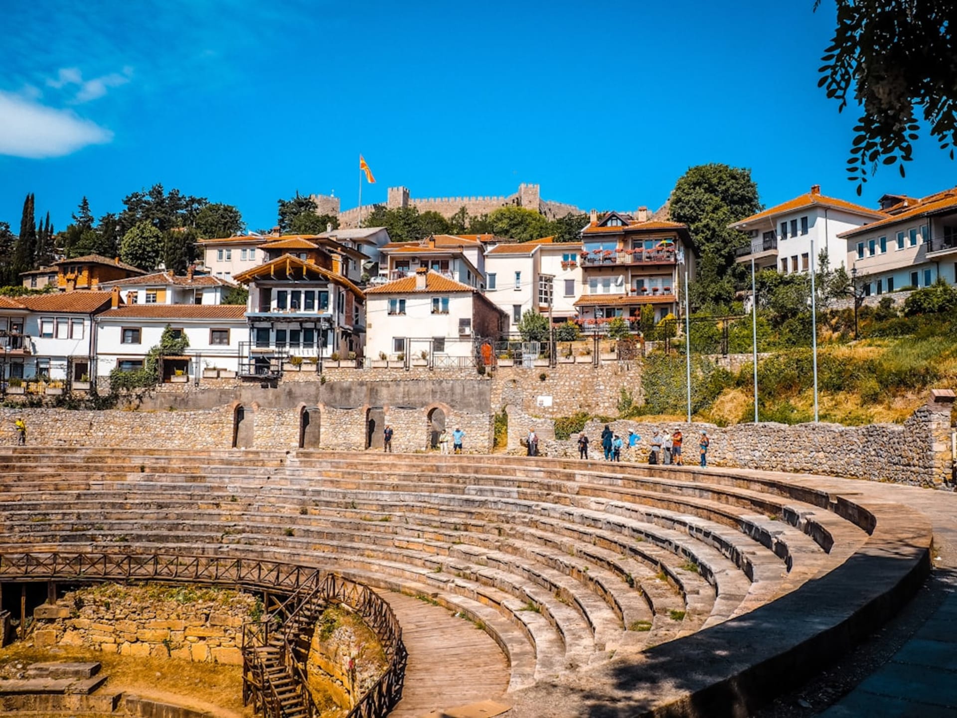 The Roman theatre of Heraclea Lyncestis with its stone tiers rising against the Macedonian hills