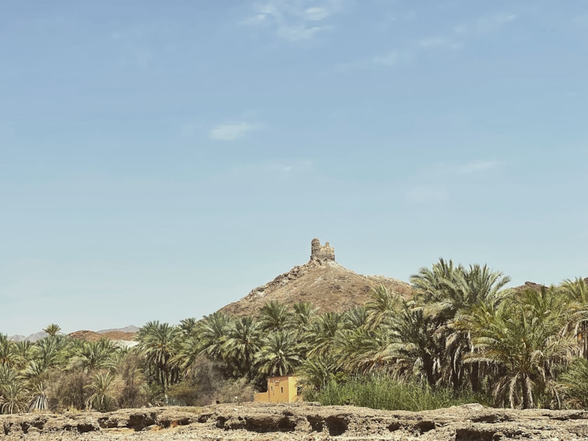 The layered stone towers of Rustaq Fort rising above the old town, with mountain foothills in the background
