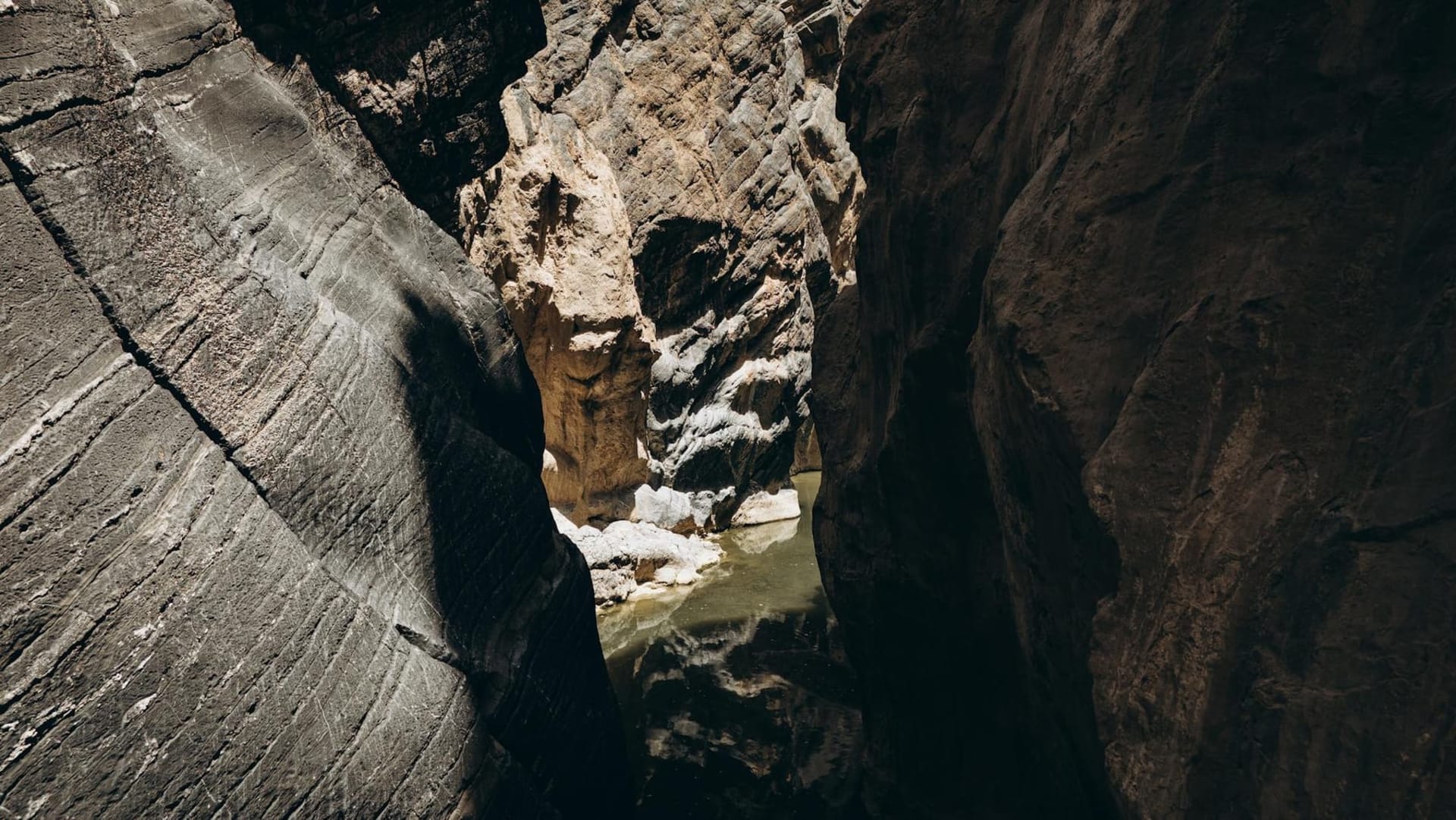 Sunlight cutting through a narrow limestone canyon above luminous turquoise water, date palms crowding the rocky ledges along a gorge in Wadi Shab, Oman