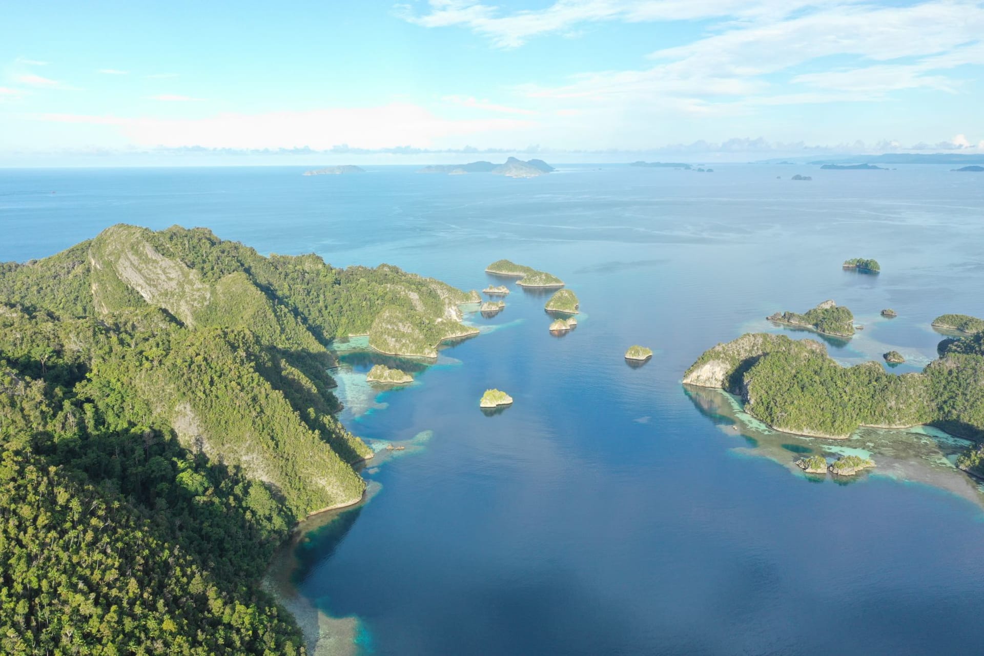 Aerial view of Palau's Rock Islands — dense green limestone outcrops rising from electric turquoise lagoons