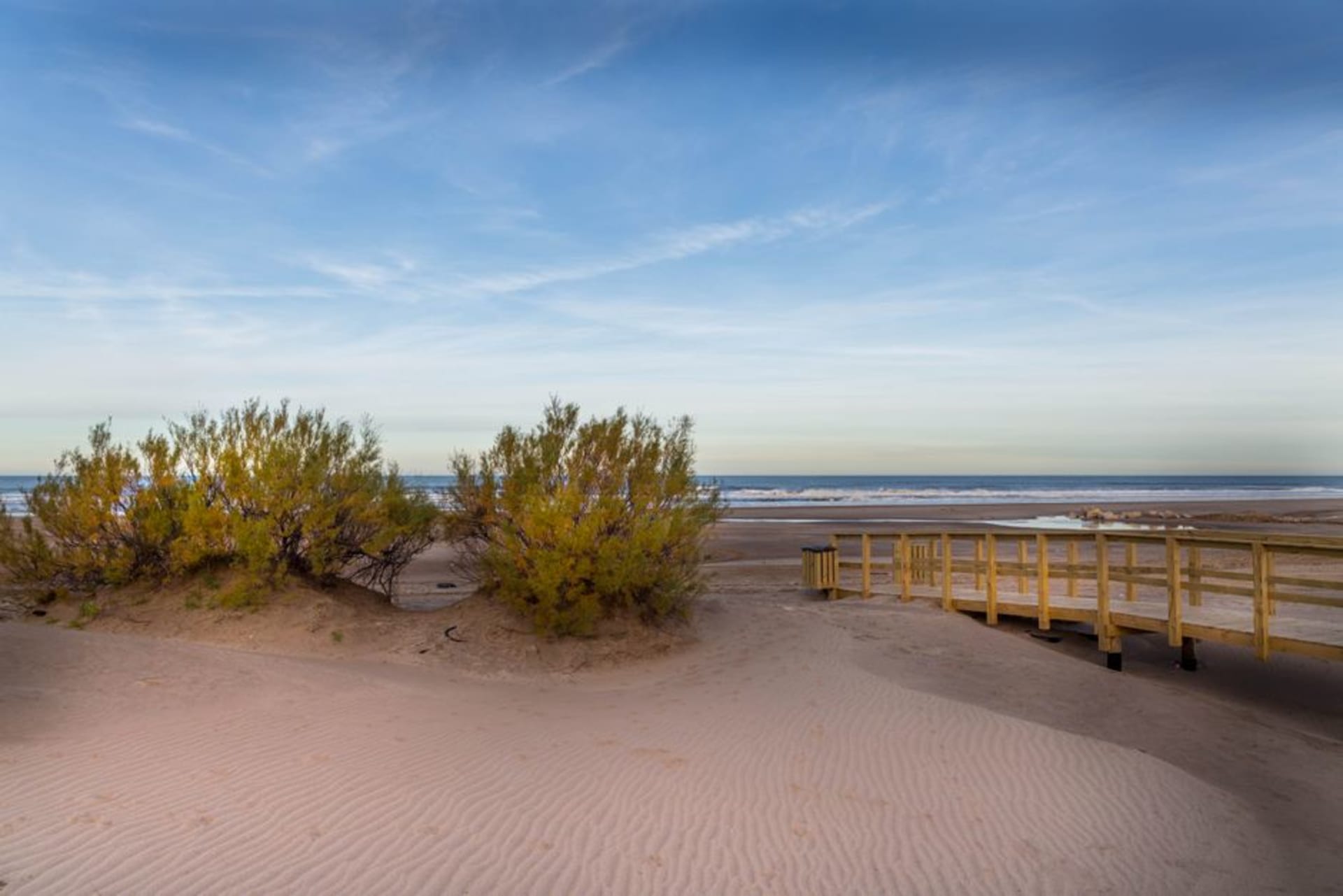 Wide view of Mar Chiquita lagoon with wading birds and dune grasses at dusk
