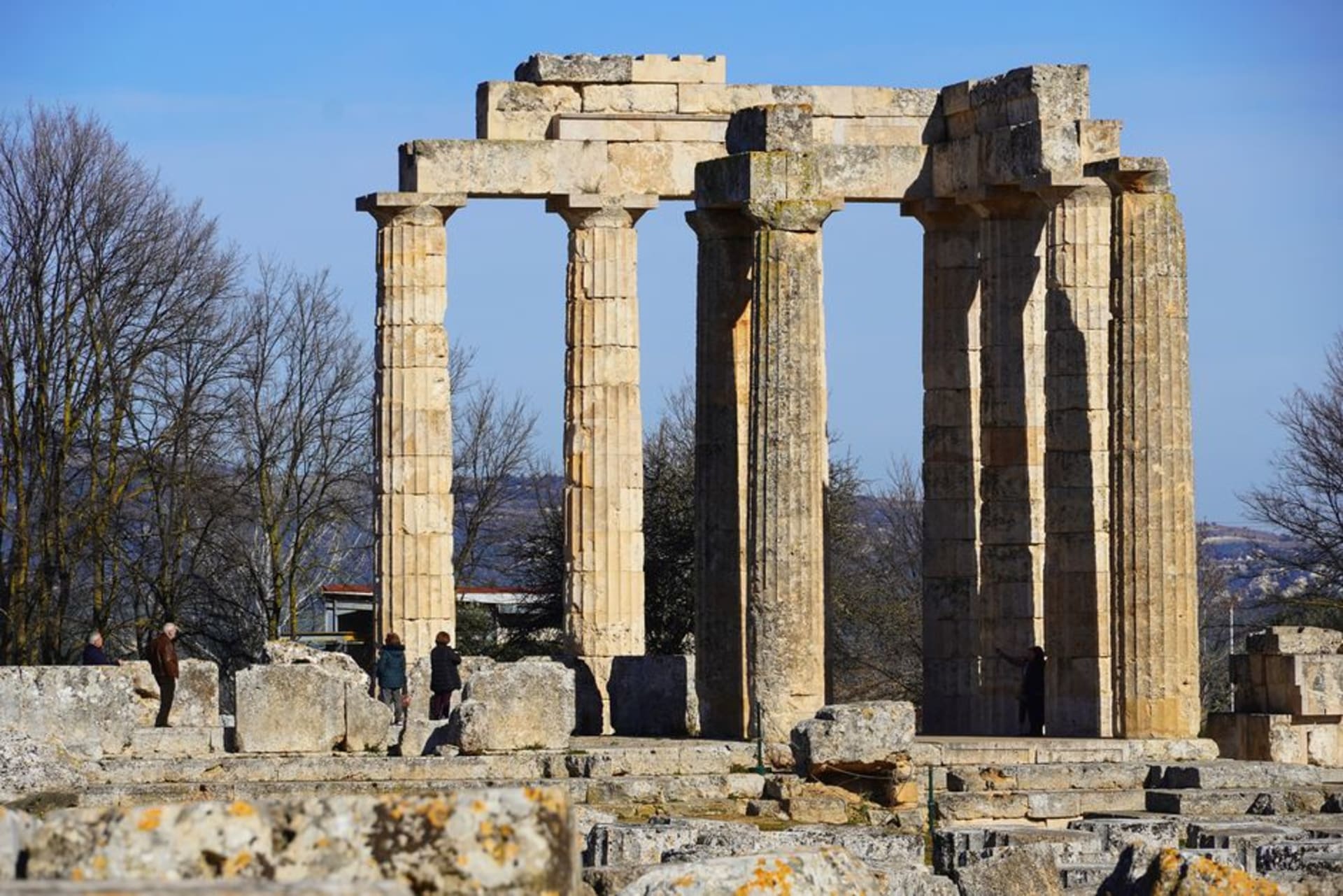 The three standing columns of the Temple of Zeus at Nemea at golden hour, surrounded by vineyard hills