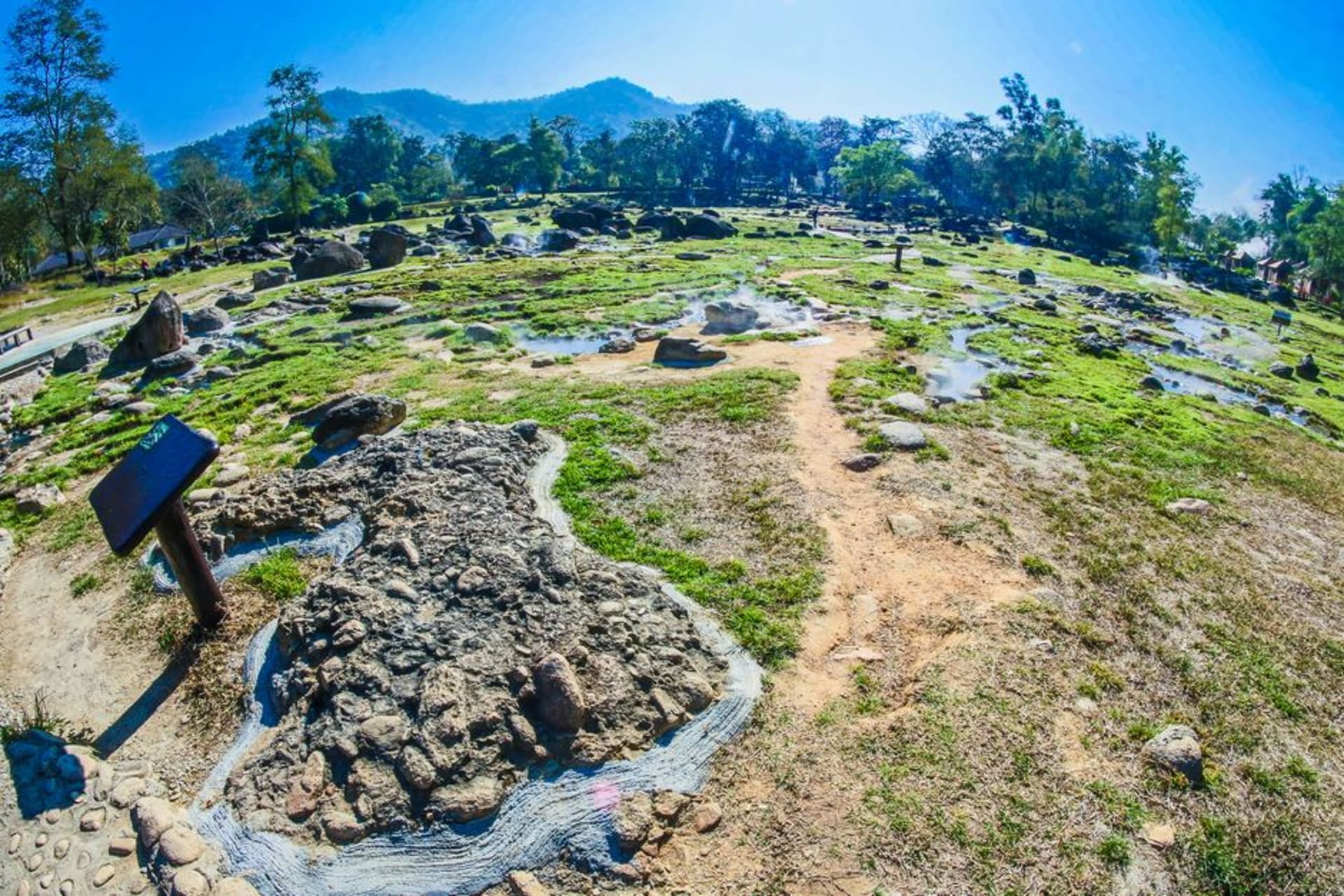 Steam rising off the mineral pools at Muang Kham hot springs surrounded by pine forest