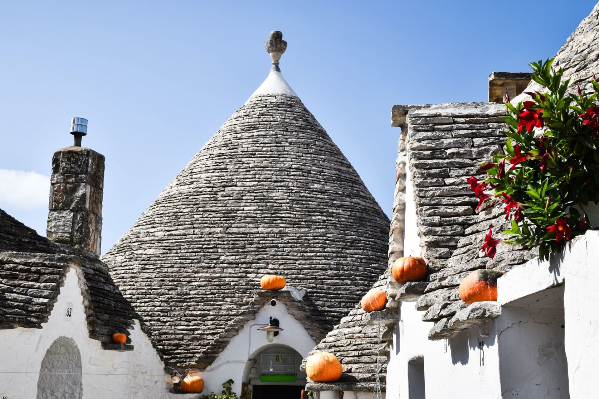 Clusters of trulli stone houses with conical limestone roofs glowing white in late afternoon light