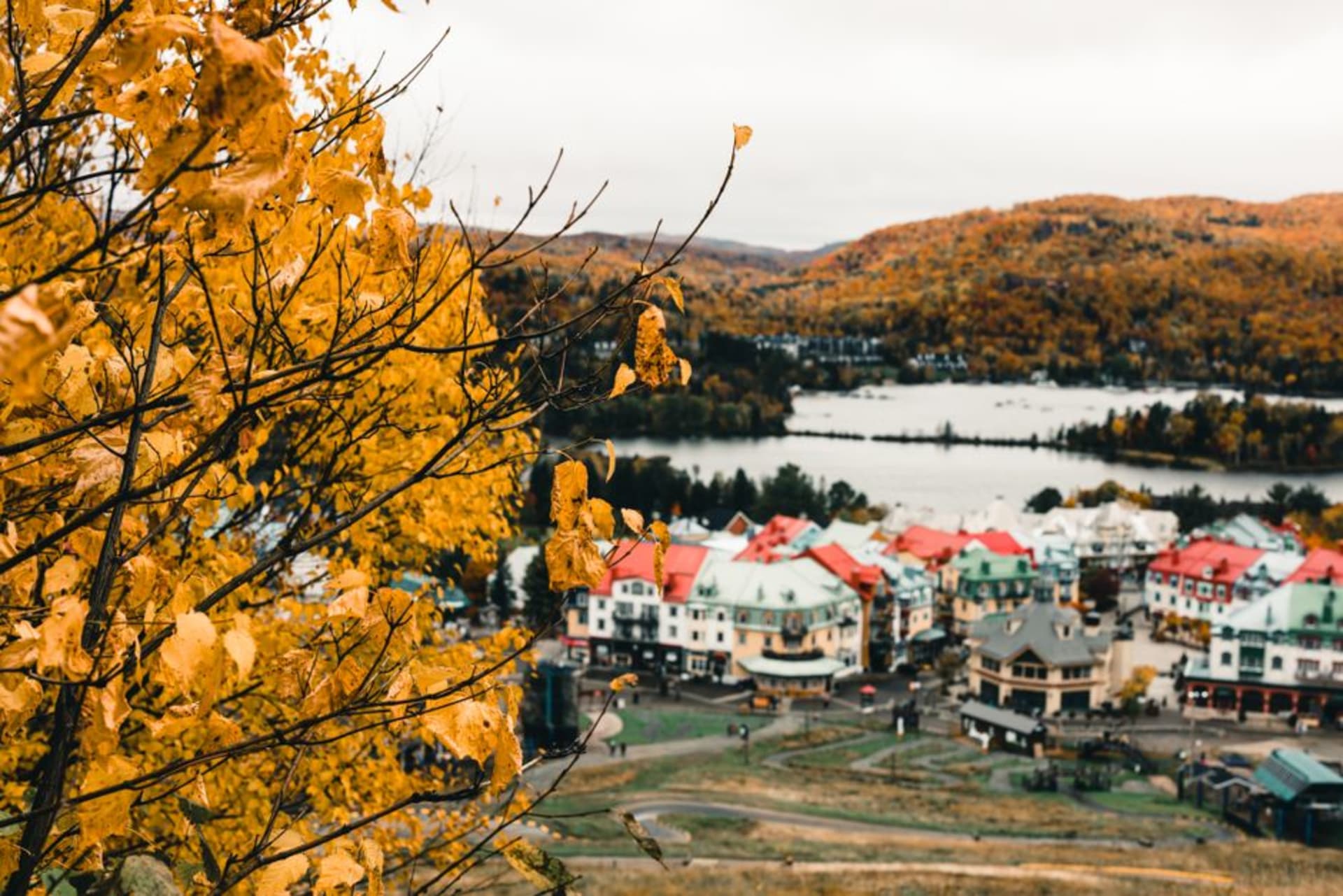 Sutton's main street with colourful storefronts and Mont Sutton visible in the background under autumn light