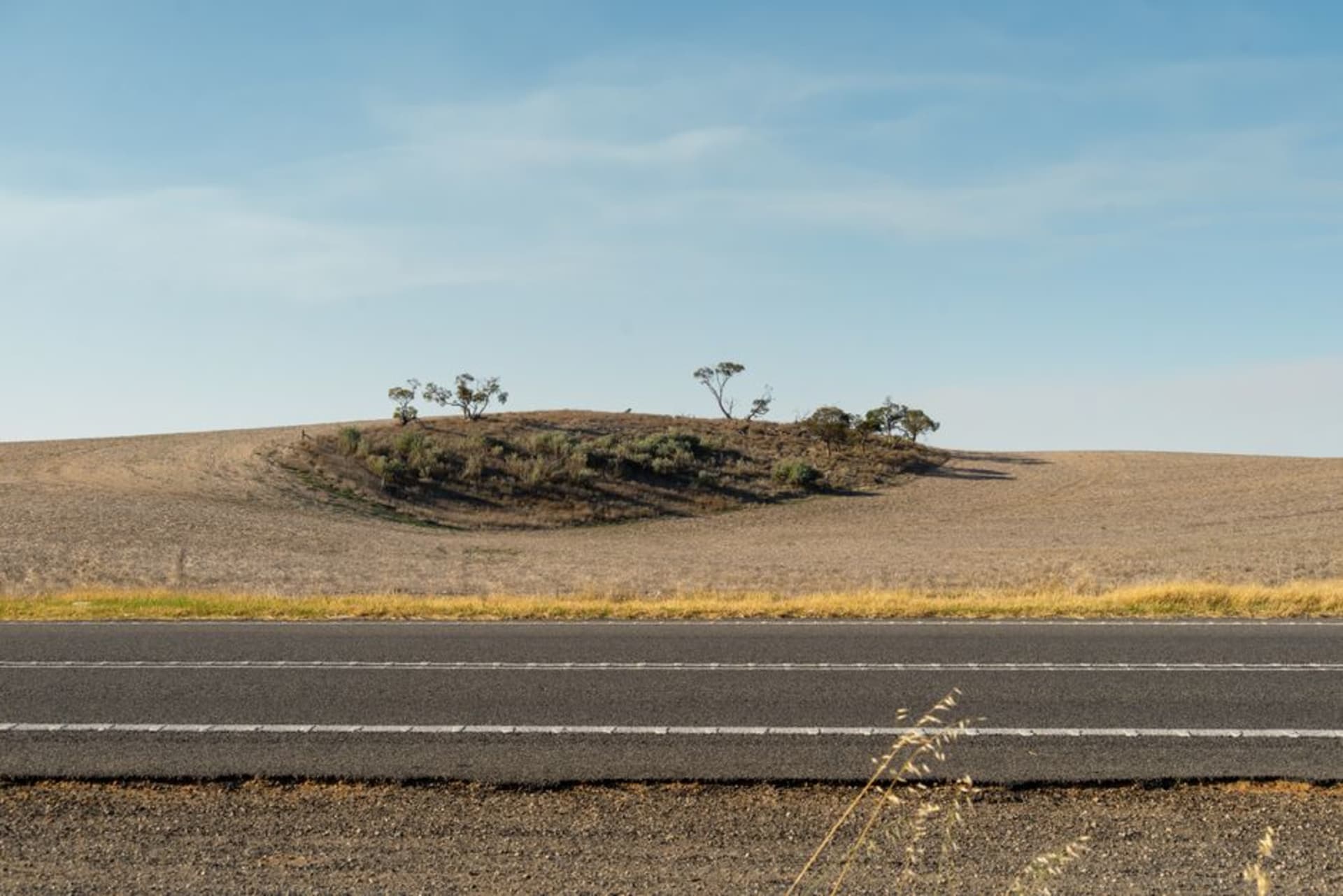 A dirt road running straight to the horizon through flat outback grassland near Longreach at sunset
