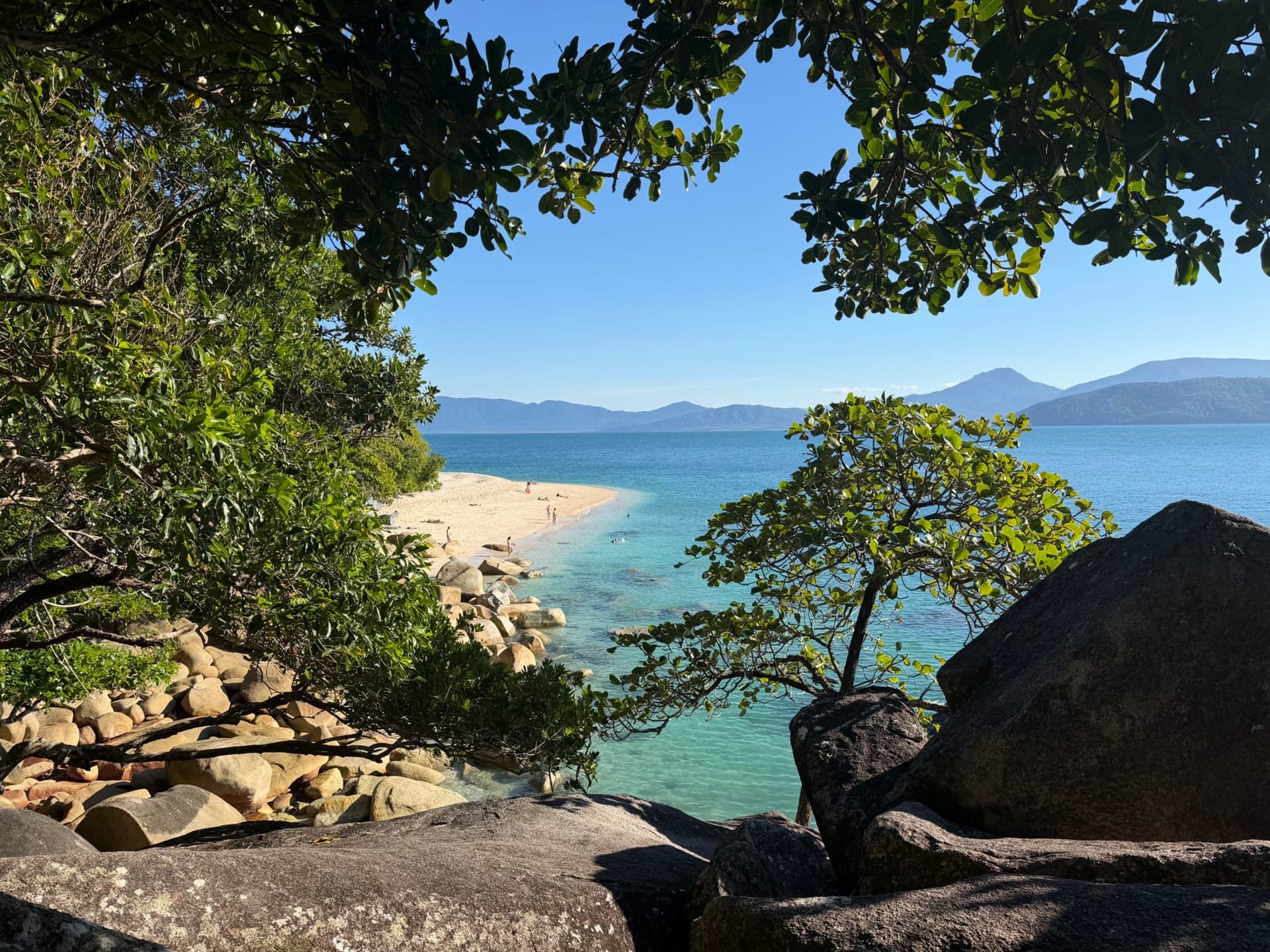 Horseshoe Bay on Magnetic Island, granite boulders meeting turquoise water, coastal eucalyptus forest on the headland