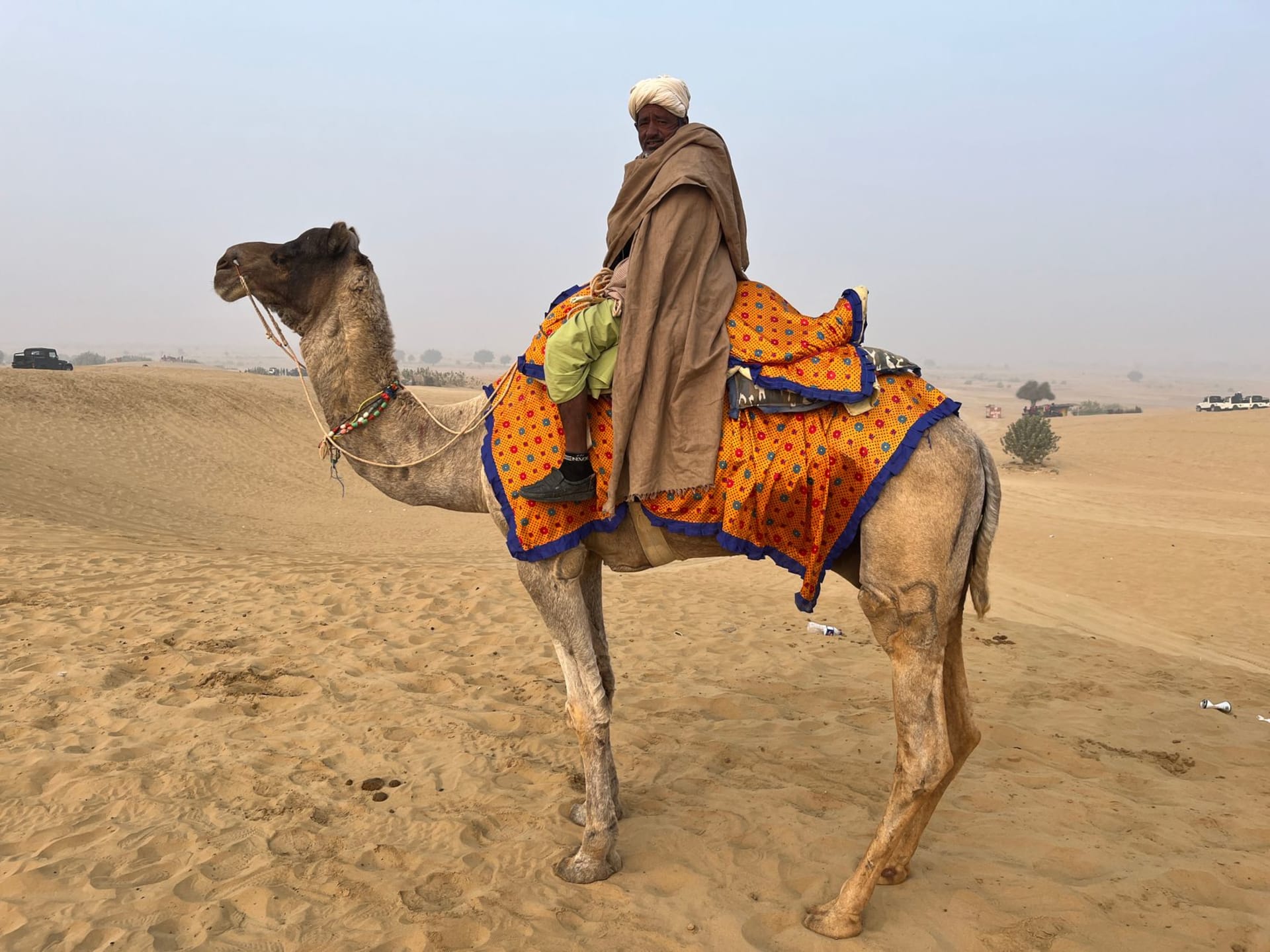 A camel rider in vibrant traditional Rajasthani attire crossing the golden sand dunes of Jaisalmer at dusk