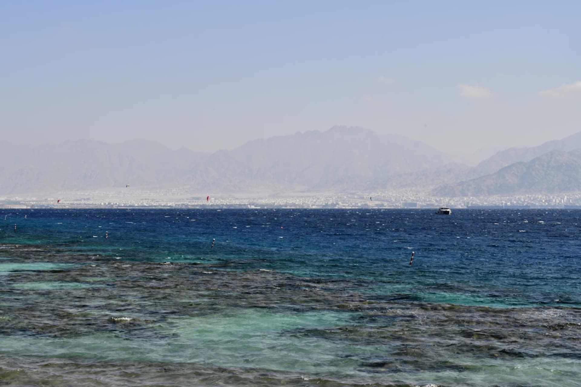 Vertiginous coral wall dropping into deep blue at Shark Reef, Ras Mohammed National Park, with dense schools of fish