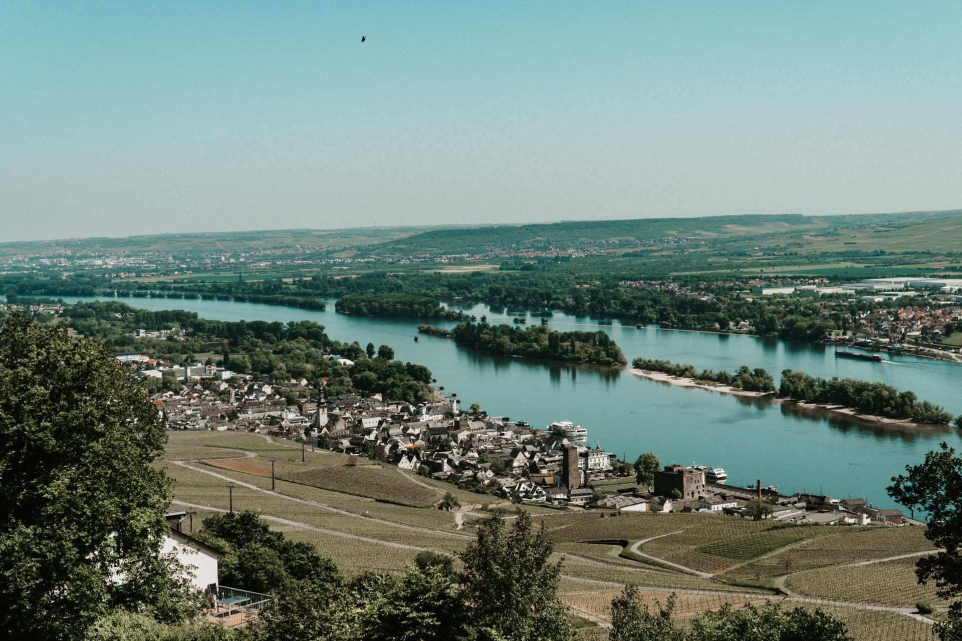 Pfalzgrafenstein Castle rising from its Rhine island with Gutenfels Castle on the hillside behind Kaub village