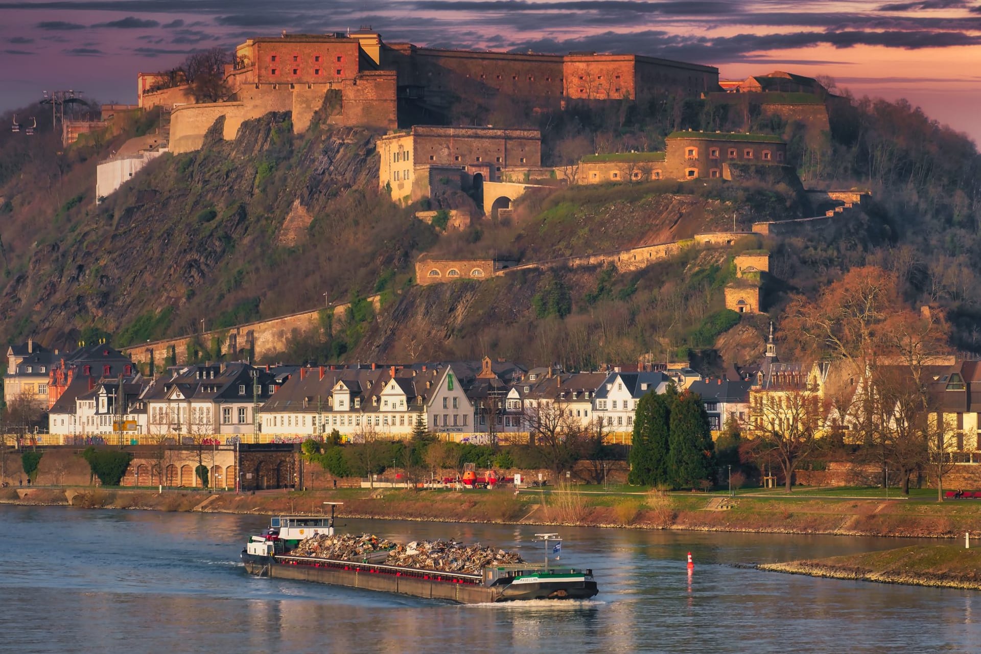 The Deutsches Eck promontory at the Rhine-Moselle confluence with Ehrenbreitstein Fortress rising on the far bank