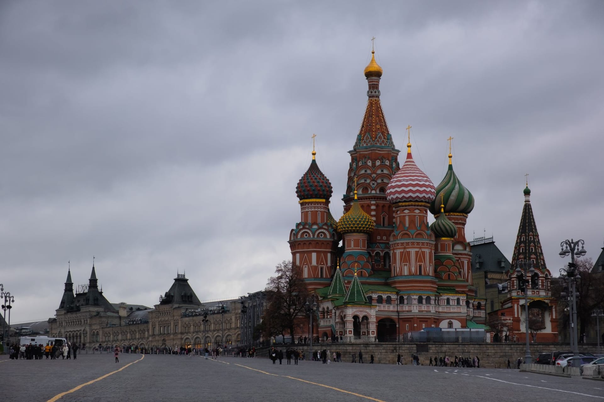Iconic St. Basil's Cathedral rising above Red Square on a cloudy day in Moscow, Russia.