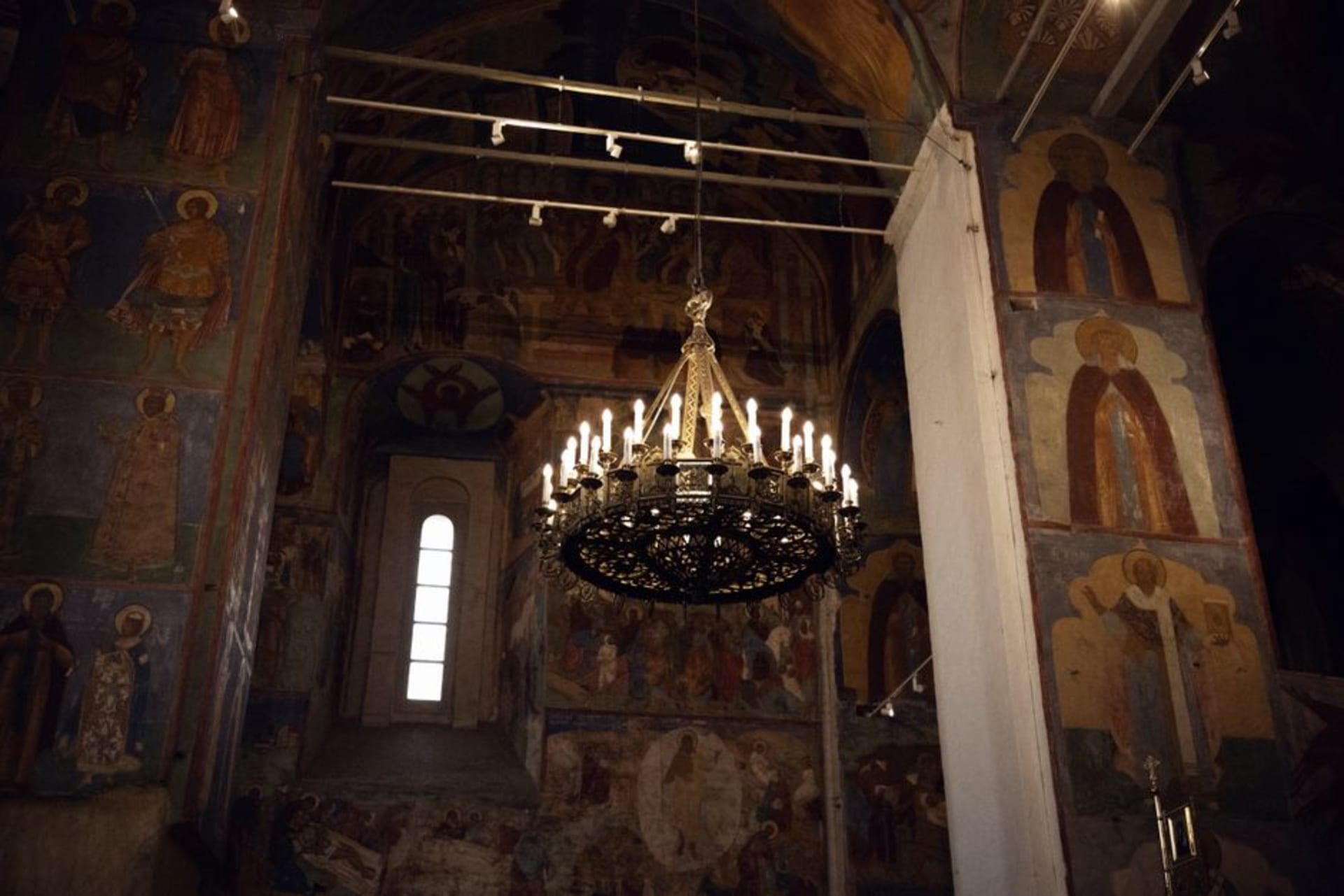 The blue star-studded domes of Suzdal's Nativity Cathedral rising above the Kremlin walls