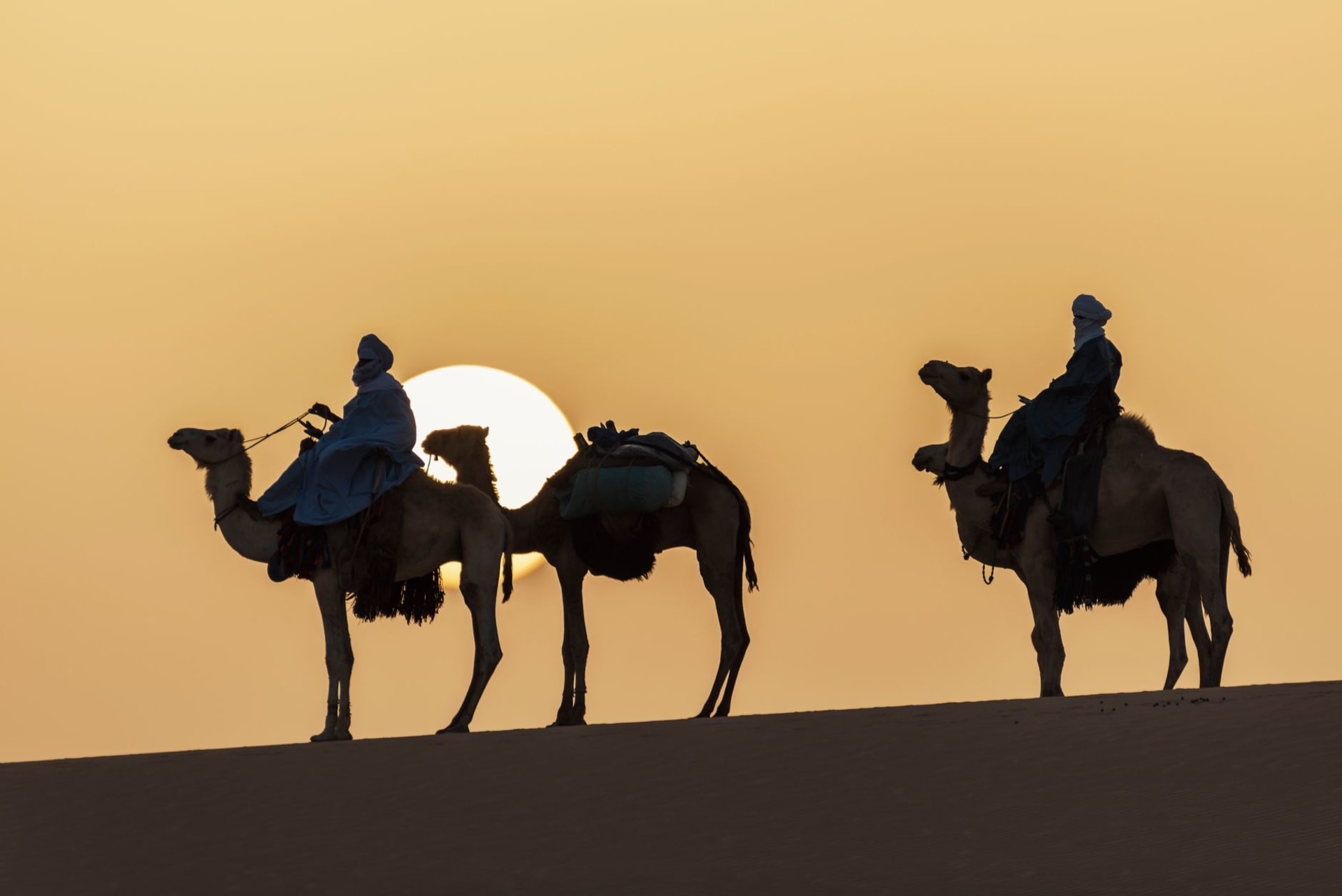 Silhouettes of camel riders crossing the Algerian desert at sunset, sand dunes glowing amber in the fading light