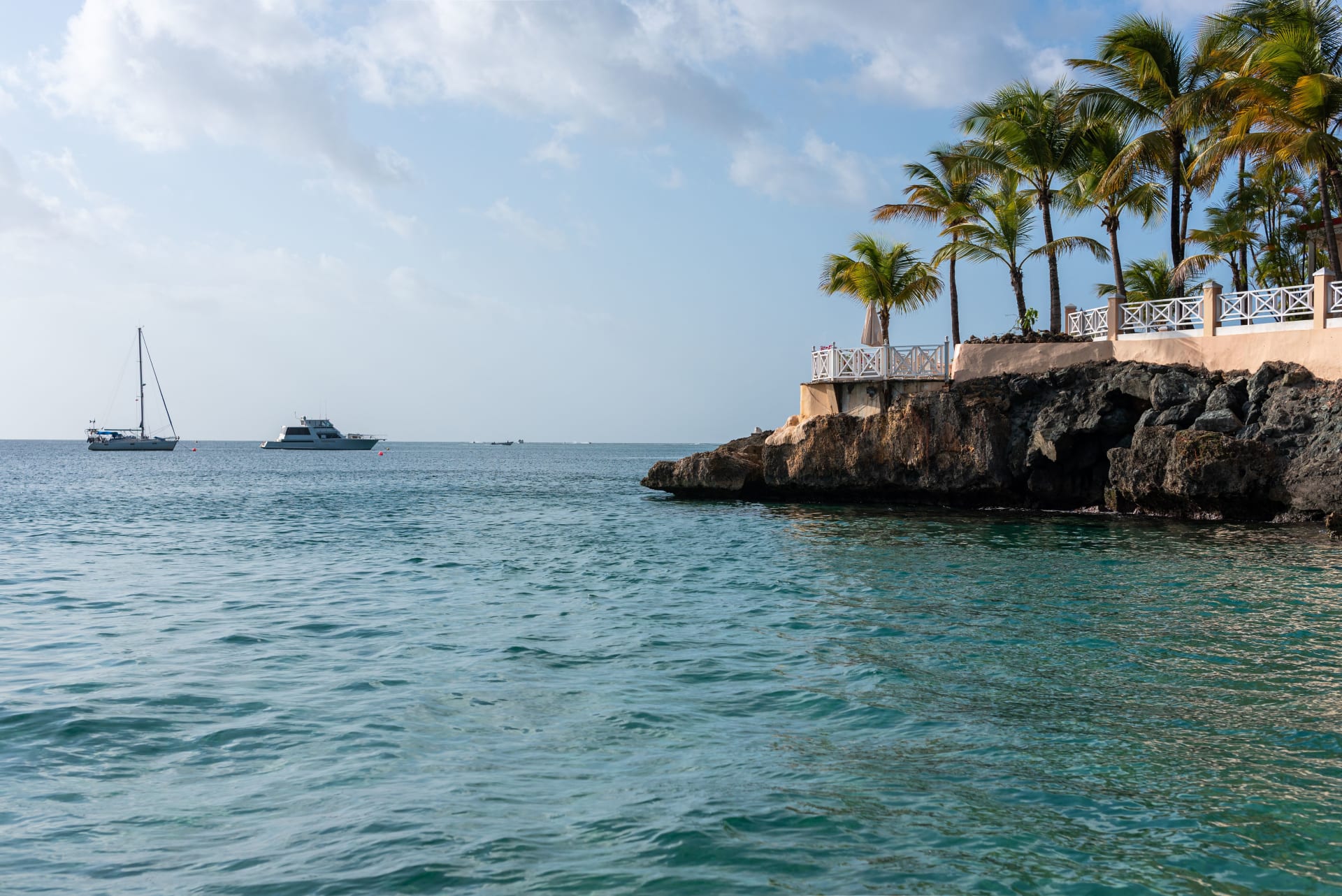 Palm-lined cliffs dropping into clear turquoise water along the Grenadines coast, seen from a passing boat