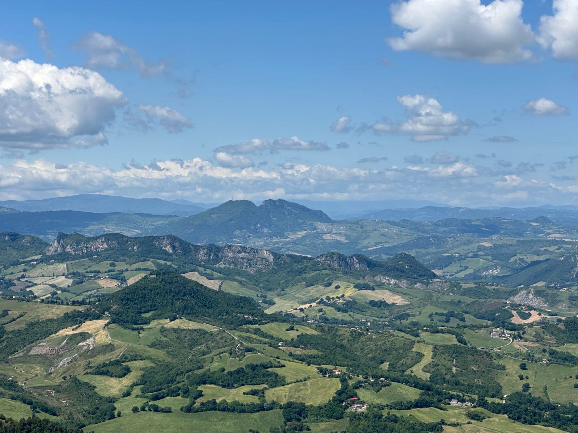 Faetano's rolling vineyard landscape at harvest time, Sangiovese vines heavy with red grapes, with the limestone ridge of Monte Titano on the western horizon