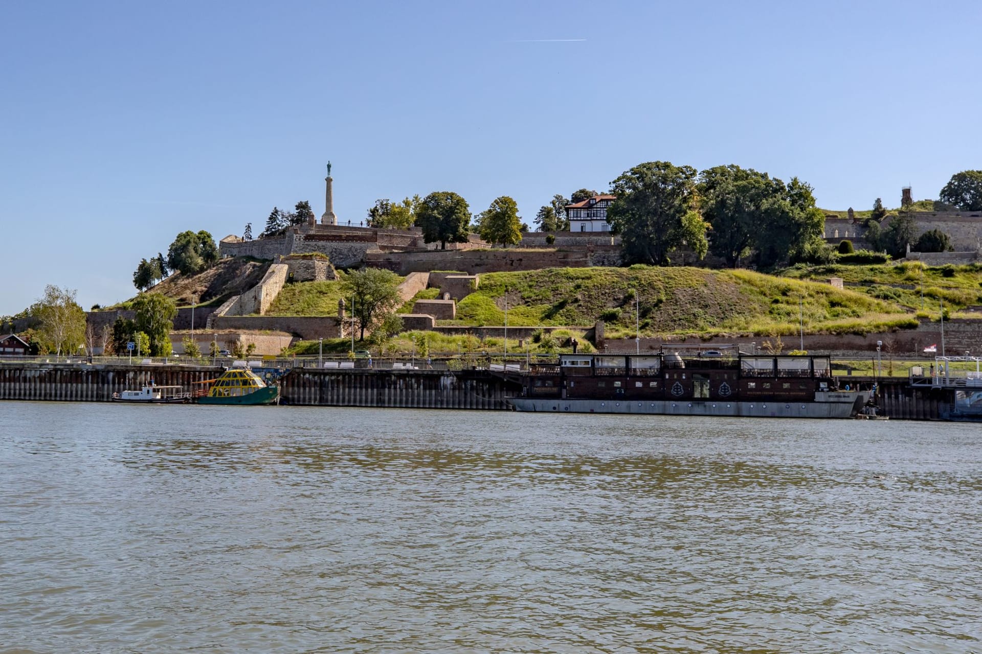 View of the historic Kalemegdan Fortress in Belgrade overlooking the Danube River