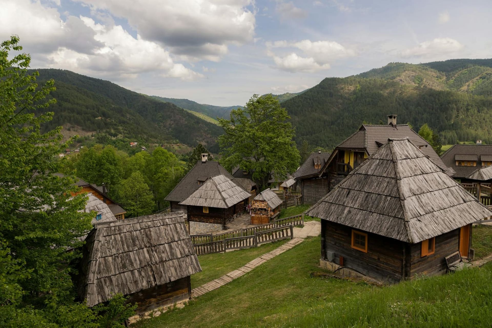 Wide panoramic view of Zlatibor plateau in Serbia, with rolling green meadows, scattered pine forests, and traditional wooden farmhouses under a pale blue sky