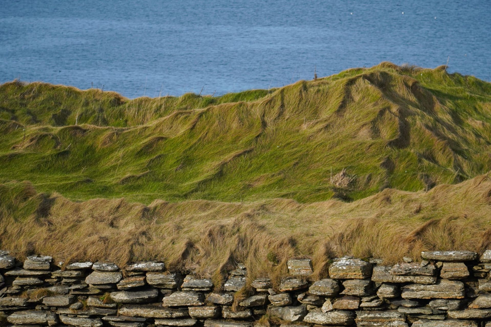 Jarlshof archaeological ruins at Sumburgh with concentric stone walls of different eras visible in the foreground and Sumburgh airport runway visible in the distance