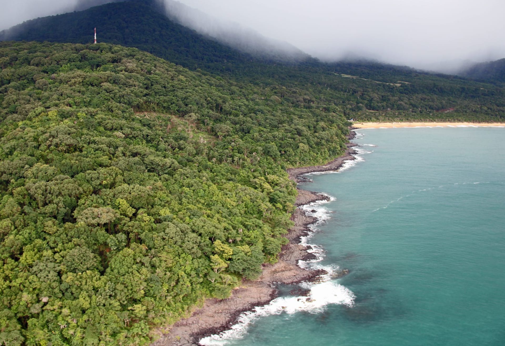 Aerial view of lush green forested hills sweeping down to Sierra Leone's Atlantic coastline