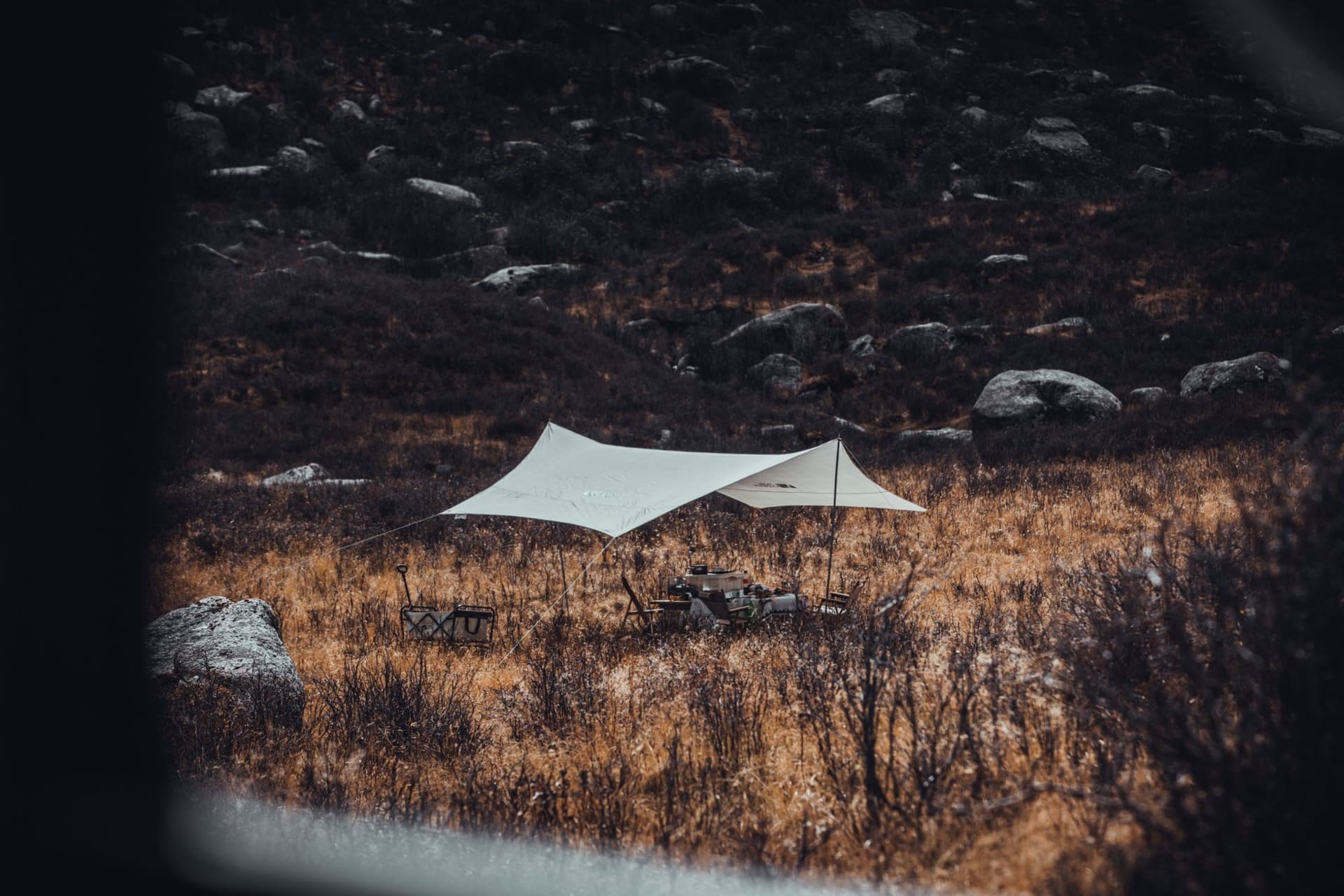 Stone-walled camp shelters on a high green plateau ringed by giant lobelias, the escarpment's jagged silhouette cutting the horizon in the late afternoon light