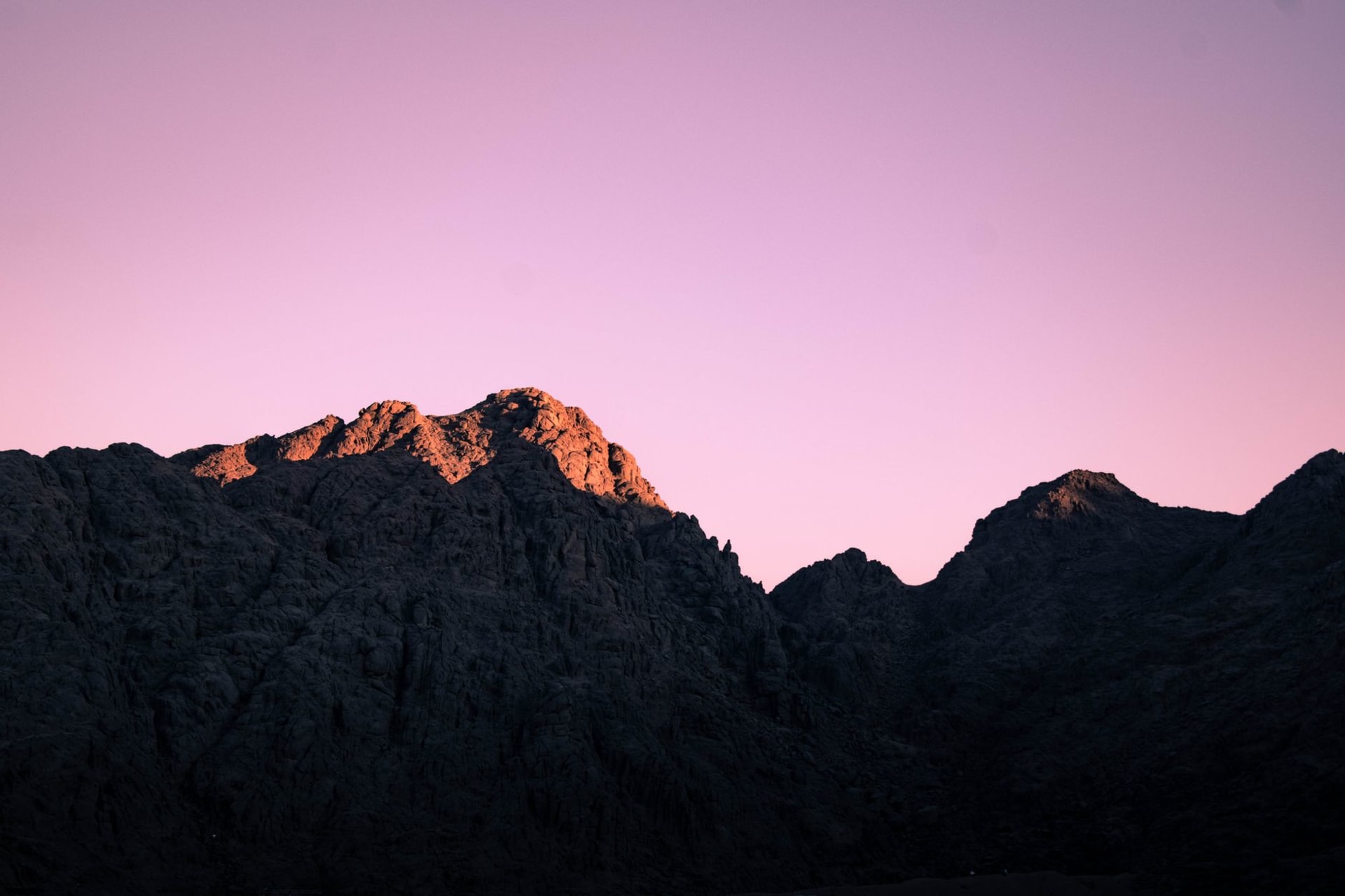 Pre-dawn pilgrims with torches ascending the Steps of Repentance on Mount Sinai, the dark granite peaks turning amber as the first light hits the horizon