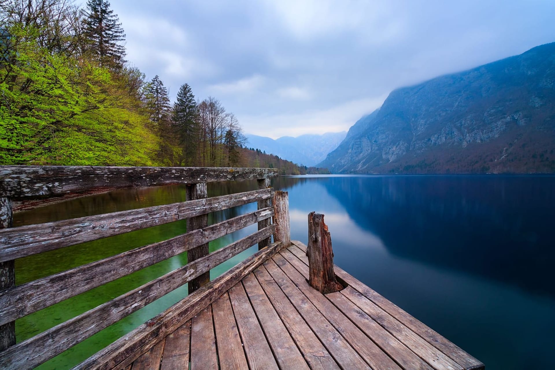 A wide glacial lake reflecting the dark forested slopes and limestone peaks of the Julian Alps under a pale morning sky, with no crowd, no island church, just still green water reaching toward mountains