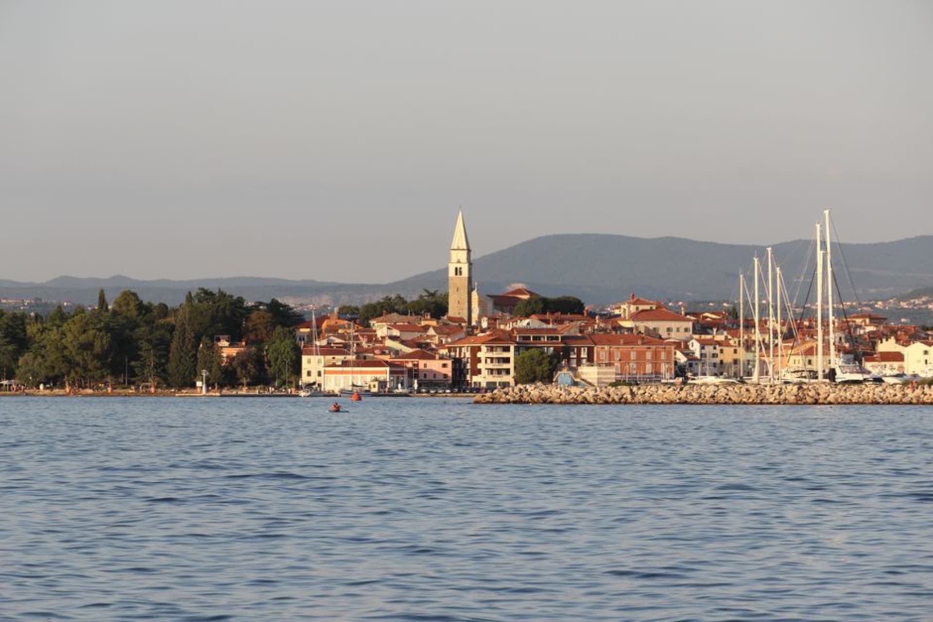 Barcos pesqueros desgastados apiñados en el pequeño puerto de Izola con edificios de colores pastel del casco antiguo alzándose detrás, luz de primera hora de la mañana
