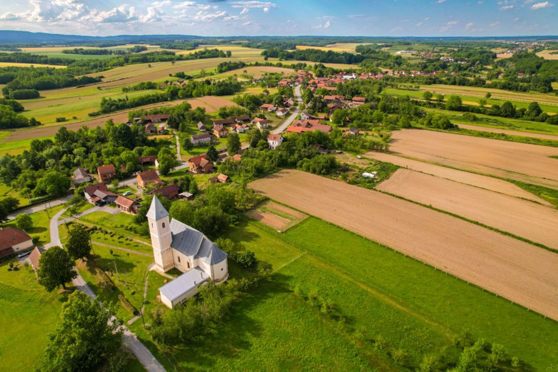 Prados tradicionales con huertos salpicados de viejos árboles frutales y secaderos en el ondulado campo de Kozjansko, en el este de Eslovenia