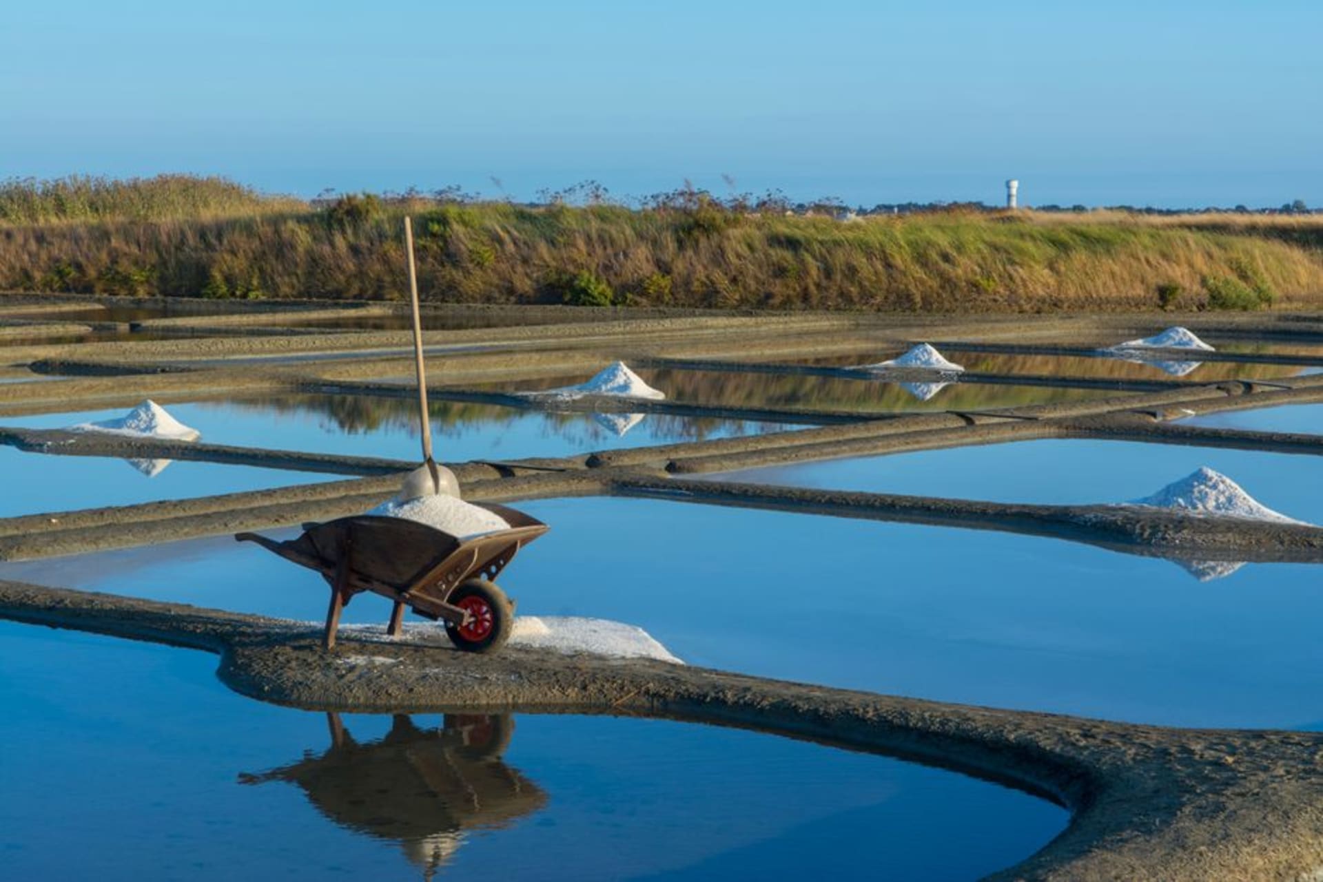 Geometric white and pink salt evaporation pools stretching to the horizon at Sečovlje, with wooden salt worker huts and distant flamingos