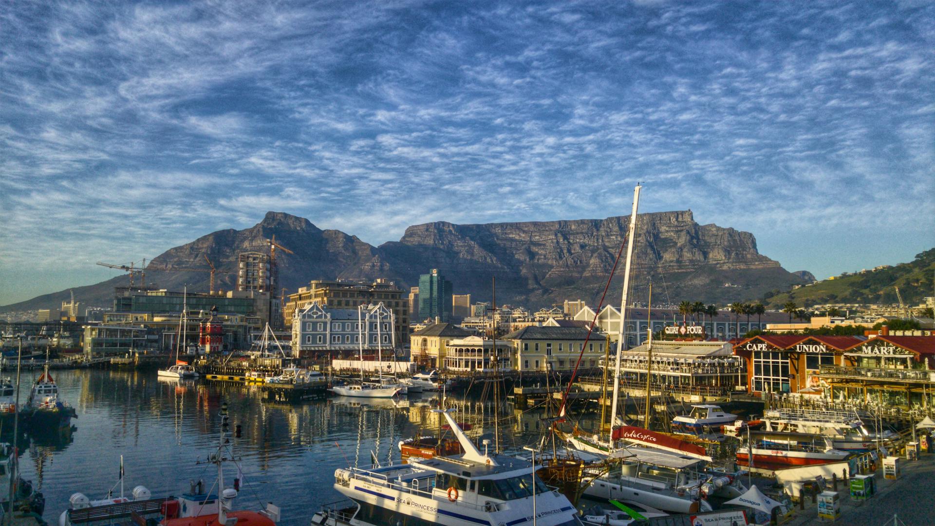 View of Cape Town's coastline with Table Mountain rising above the city