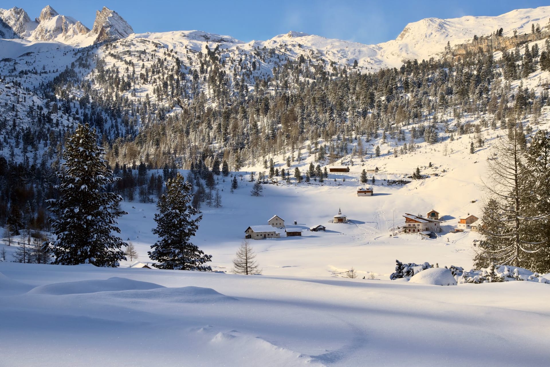 Le fond de la Val Pusteria au début de l'automne, prairies de fauche et fermes peintes en blanc s'étendant vers l'est jusqu'aux Dolomites de Sesto déchiquetées, sous un vaste ciel strié de cirrus