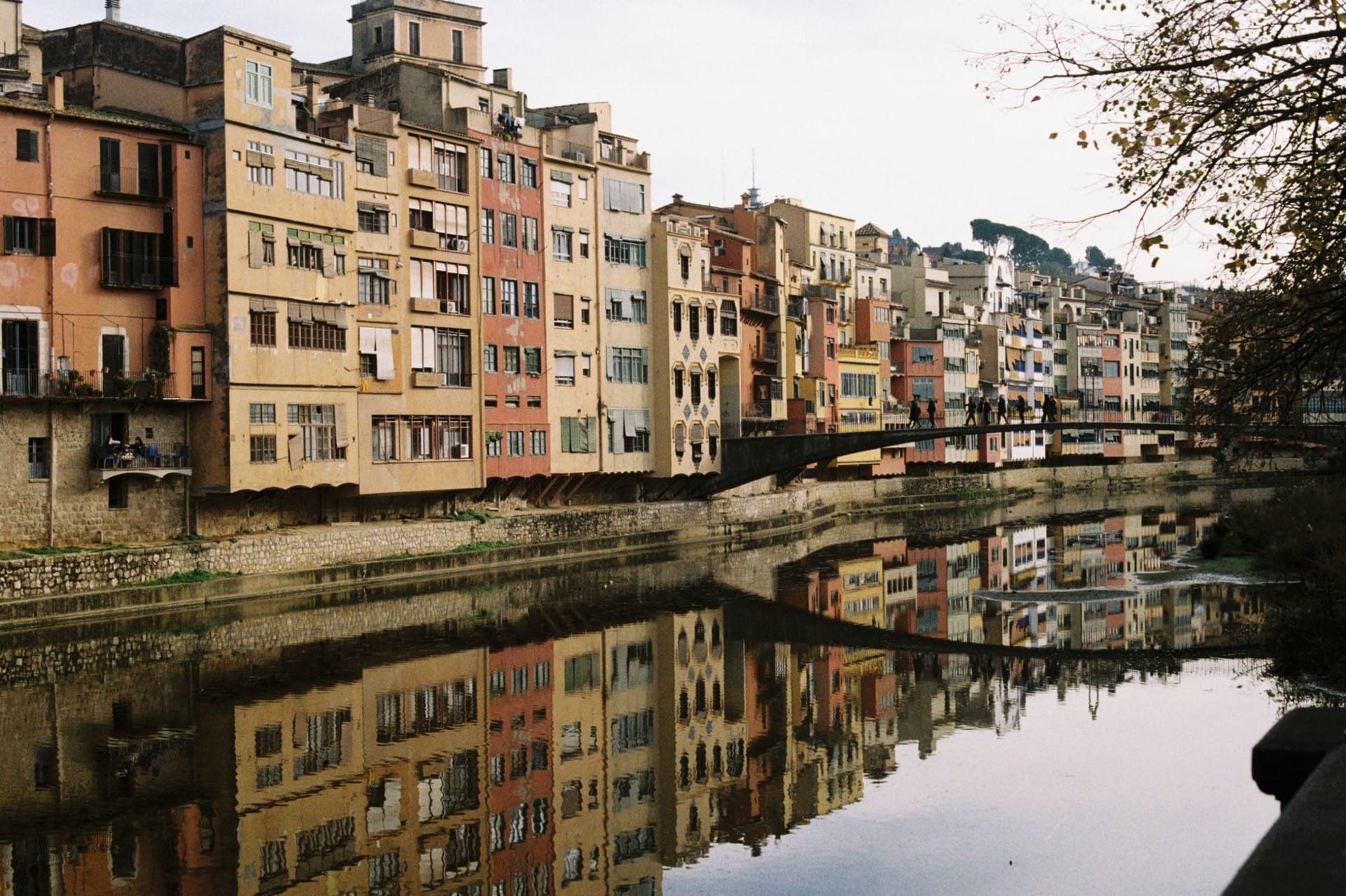 Colorful ochre, terracotta, and mustard-yellow medieval houses reflected in the still green water of the Onyar River, with the Gothic cathedral rising above the rooftops against a pale Catalan sky.