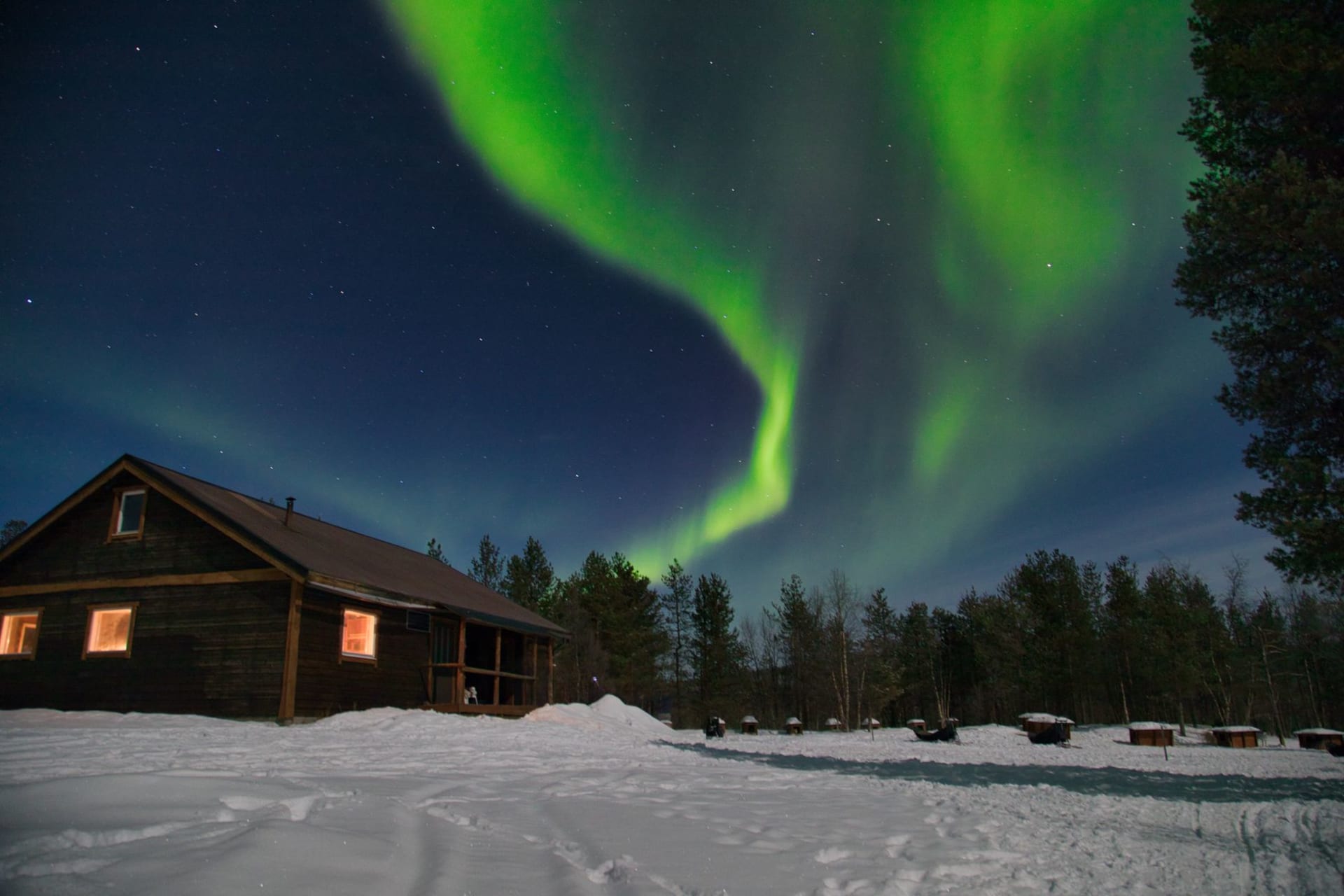 Northern lights glowing green above a snow-covered wooden cabin in Kiruna, Sweden