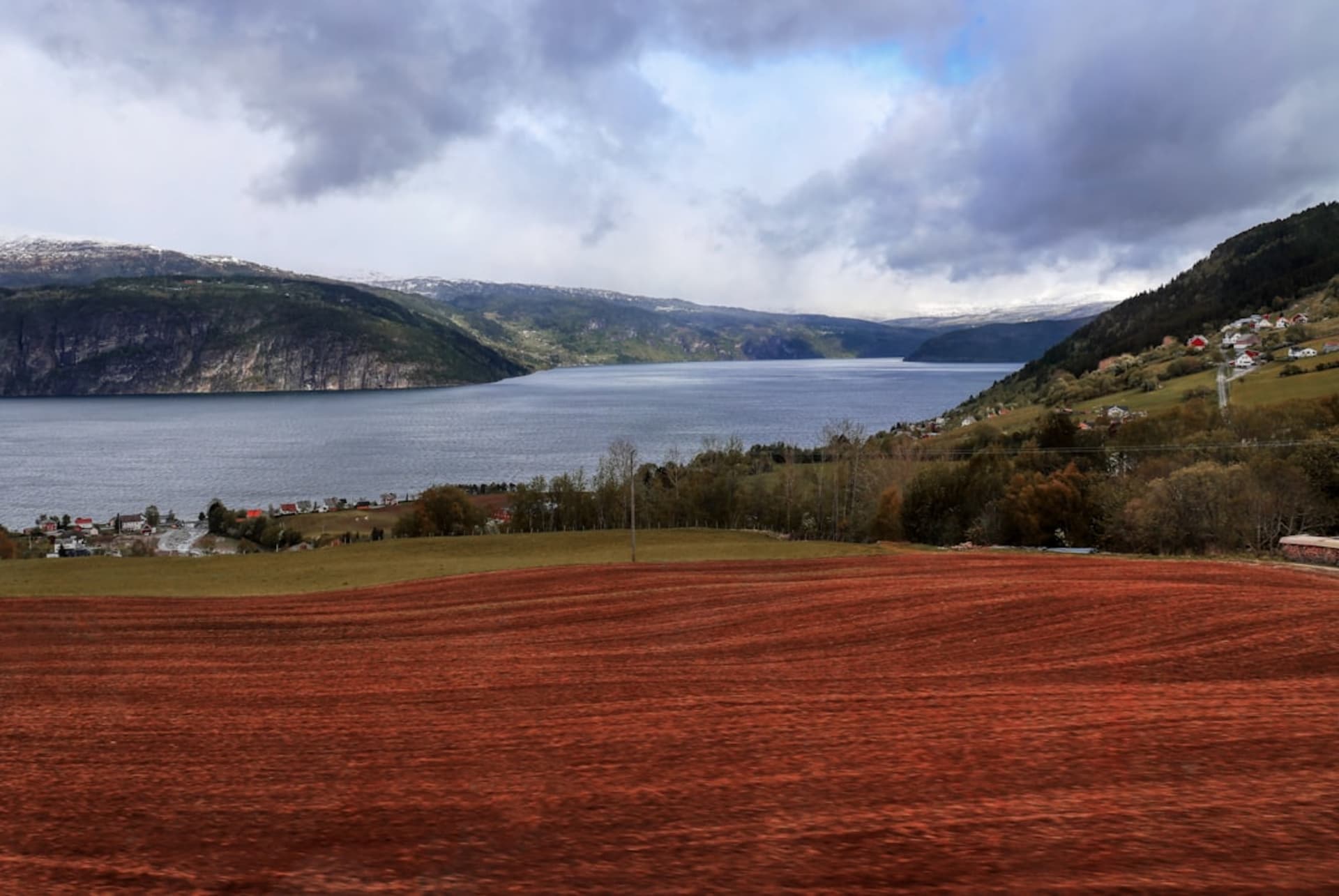 Lago Fagnano stretching to the horizon through dense lenga beech forest, its surface reflecting storm clouds and the low forested hills that ring its shores