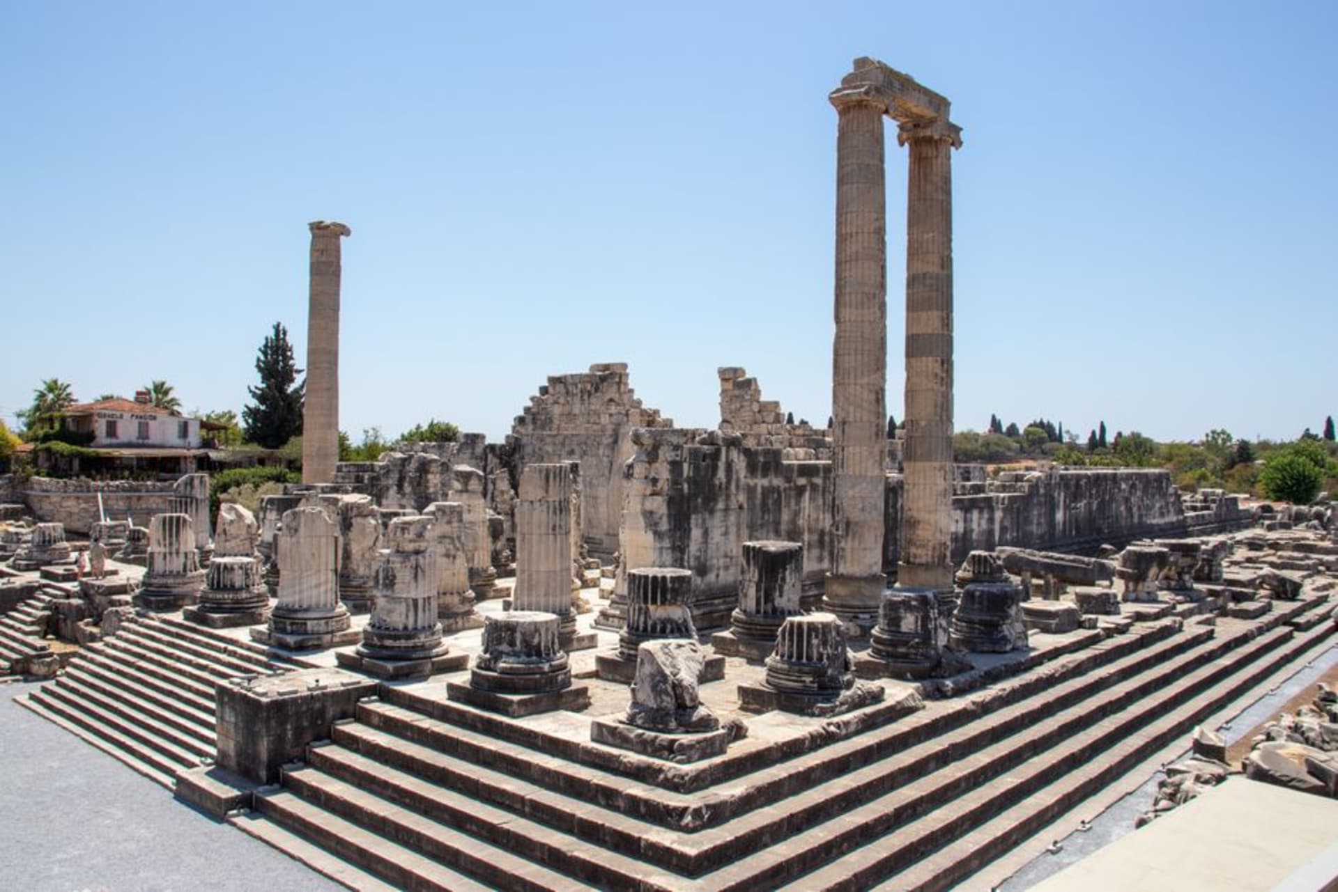 The massive standing columns of the Temple of Apollo at Didyma against a golden late-afternoon sky