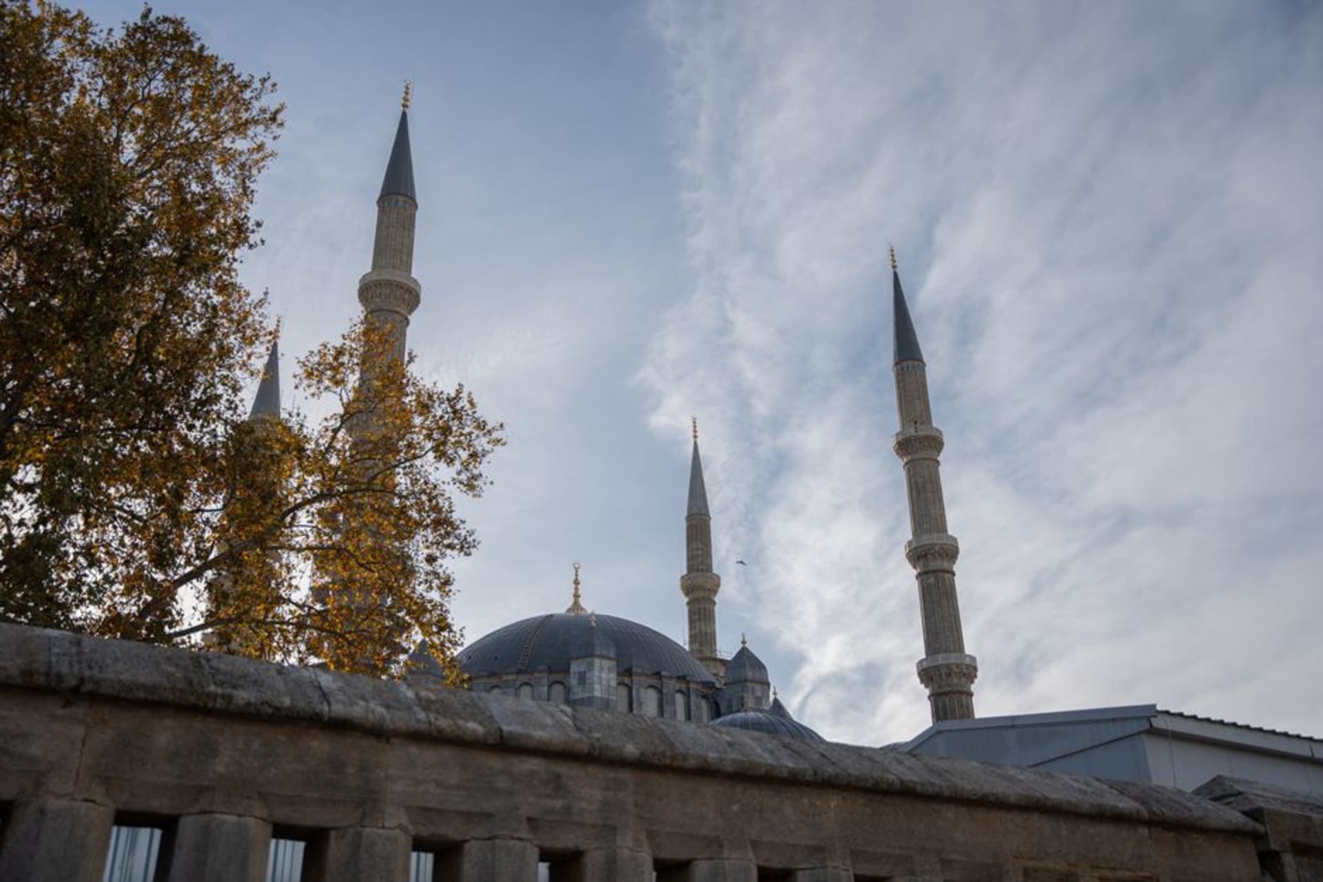 The Selimiye Mosque's four soaring minarets rising above the rooftops of Edirne