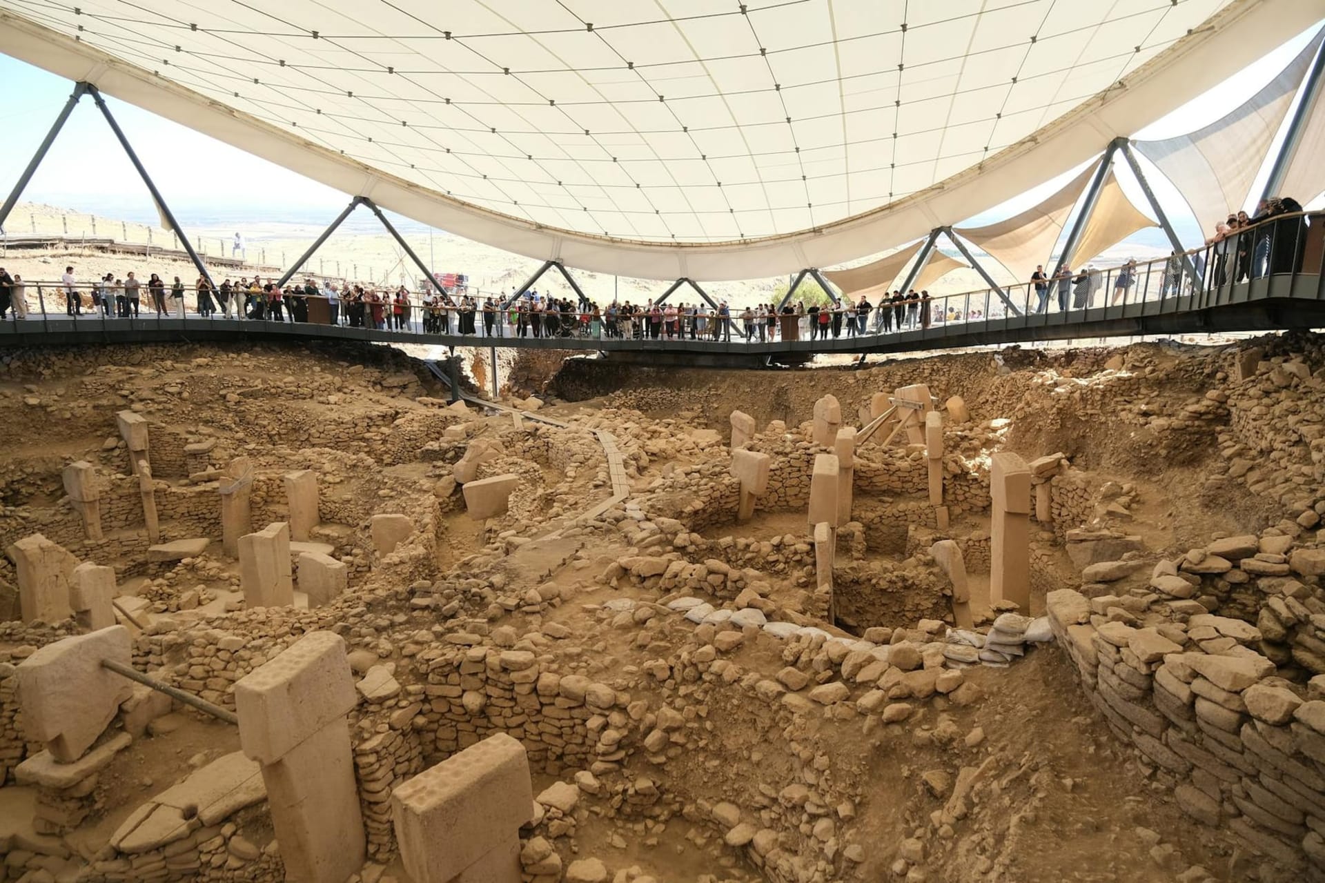Massive T-shaped limestone pillars carved with foxes, vultures, and scorpions rising from a hilltop excavation site in southeastern Turkey, surrounded by sunbaked earth and a protective canopy structure