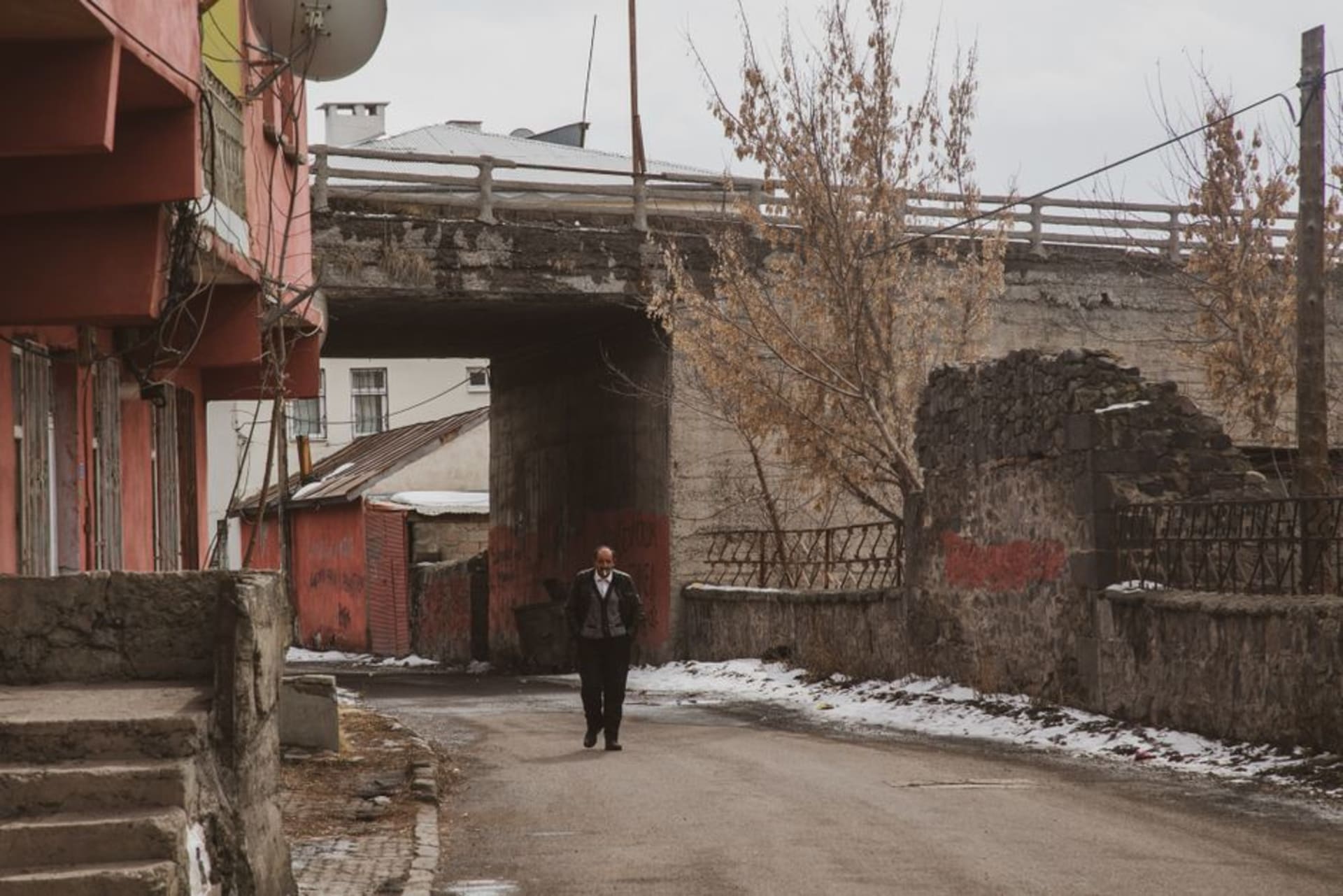 The wide snow-dusted streets of Kars lined with 19th-century Russian imperial buildings