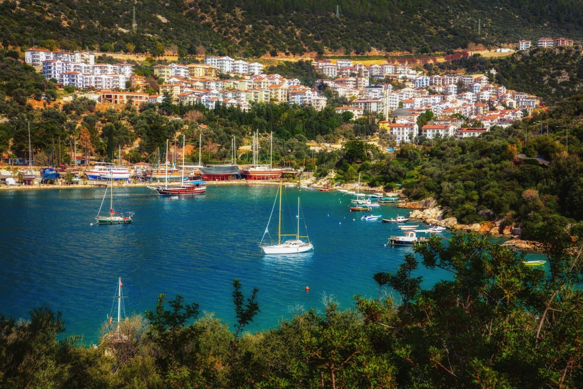 Whitewashed stone houses and bougainvillea-draped terraces tumbling toward the turquoise expanse of the Lycian coast, with rocky headlands dissolving into haze at the horizon