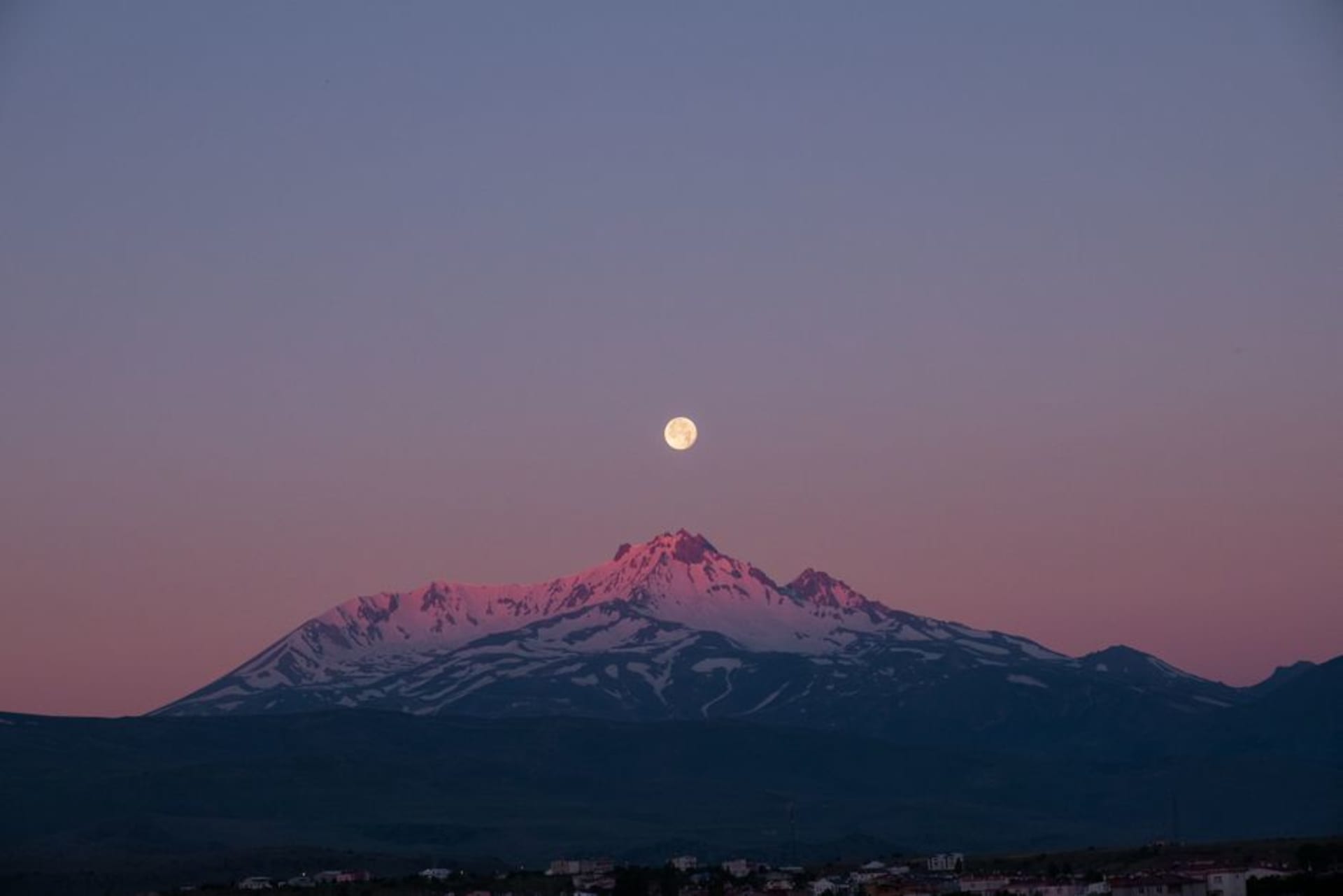 The snow-capped peak of Mount Erciyes rising above the Seljuk citadel and rooftops of Kayseri